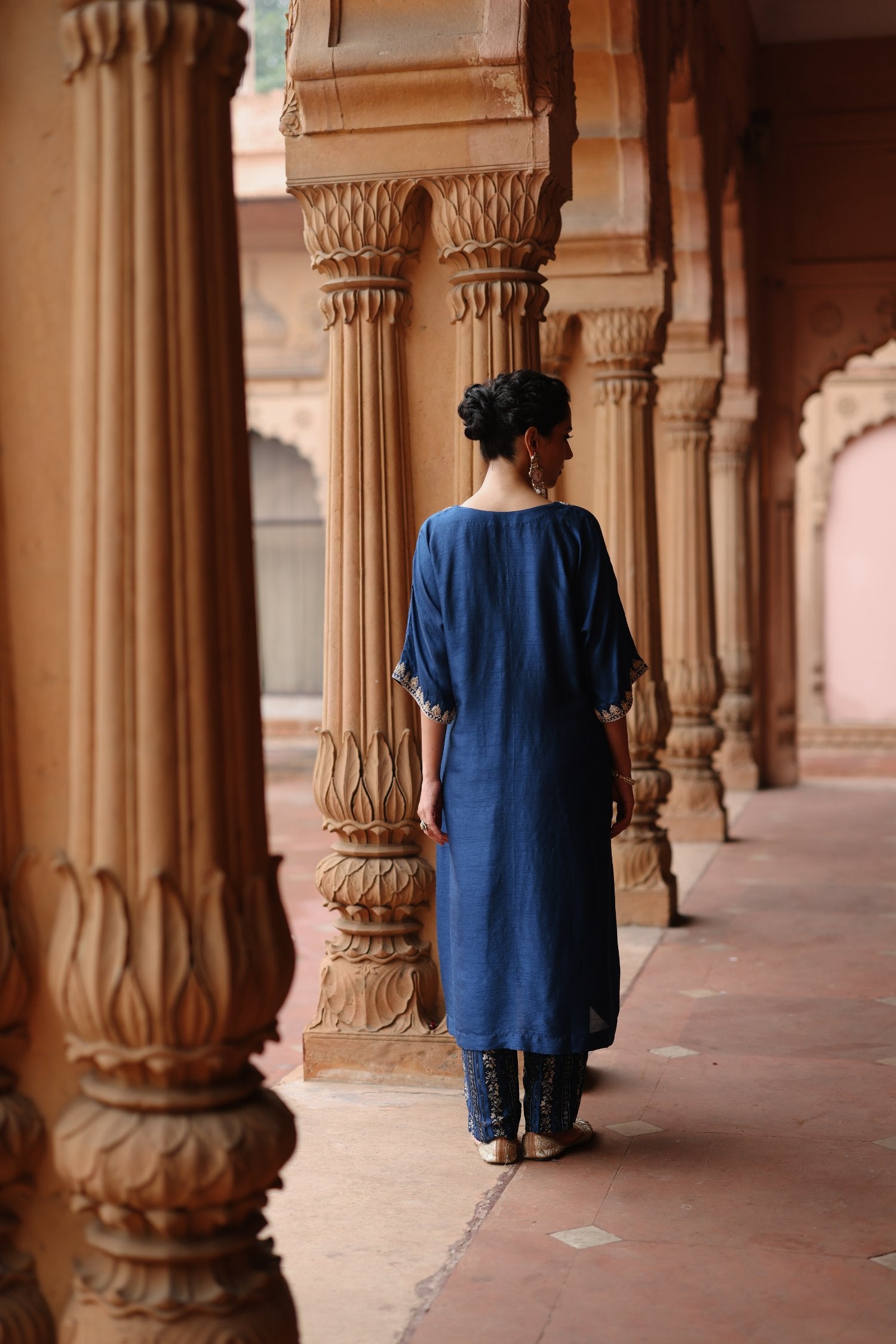 Blue Printed and Hand Embroidered Dupion Silk Kurta Set