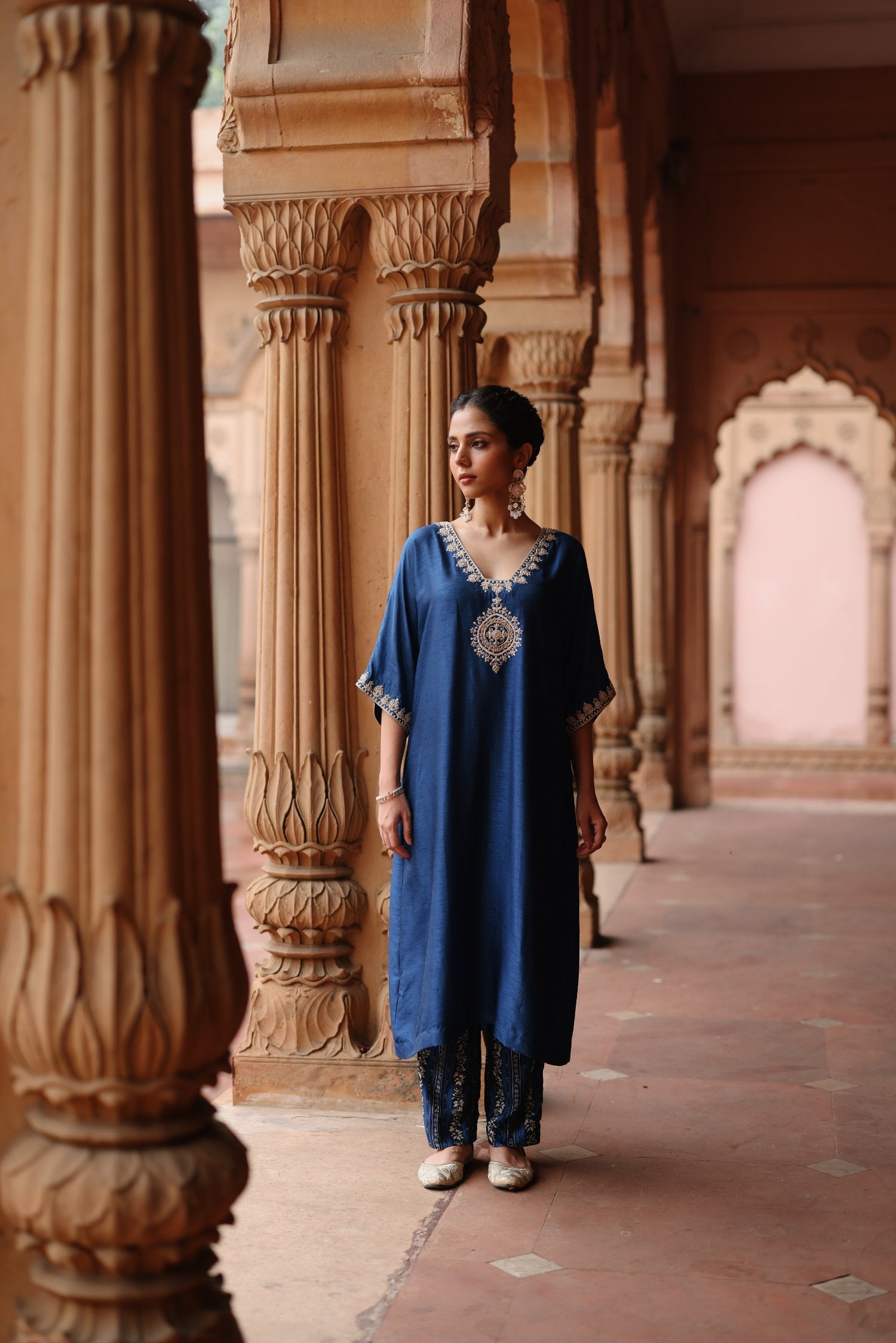 Blue Printed and Hand Embroidered Dupion Silk Kurta Set