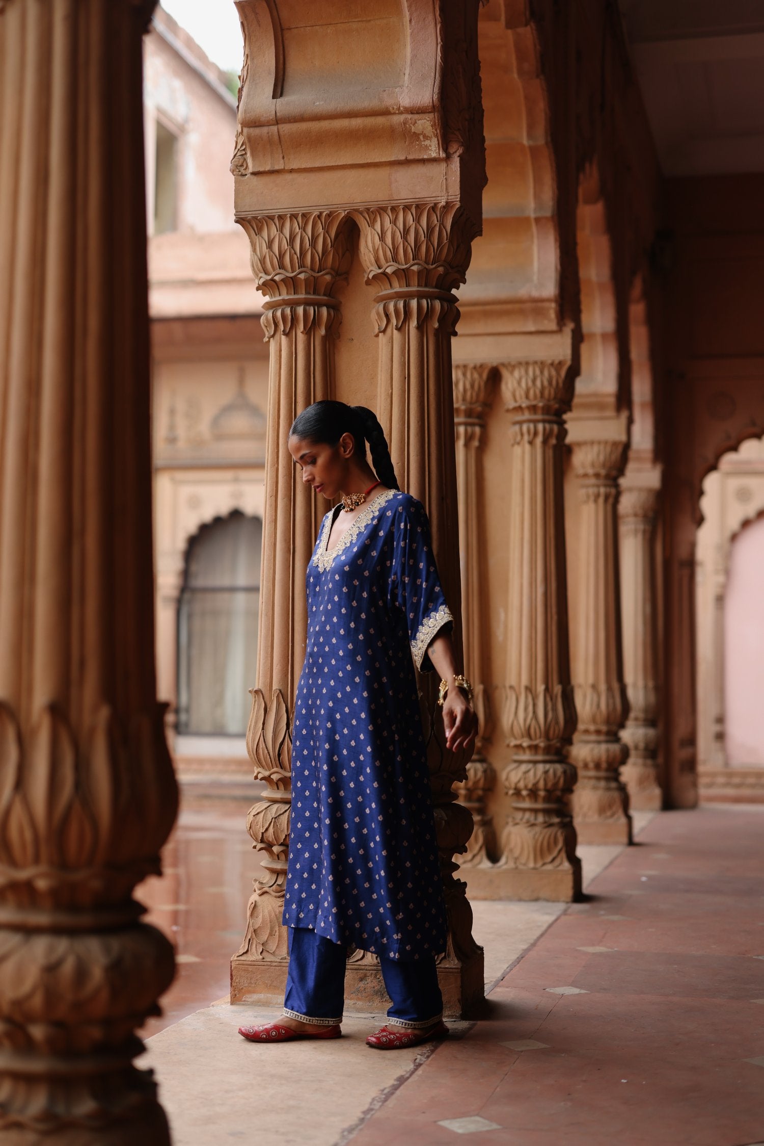 Blue Printed and Hand Embroidered Dupion Silk Kurta Set