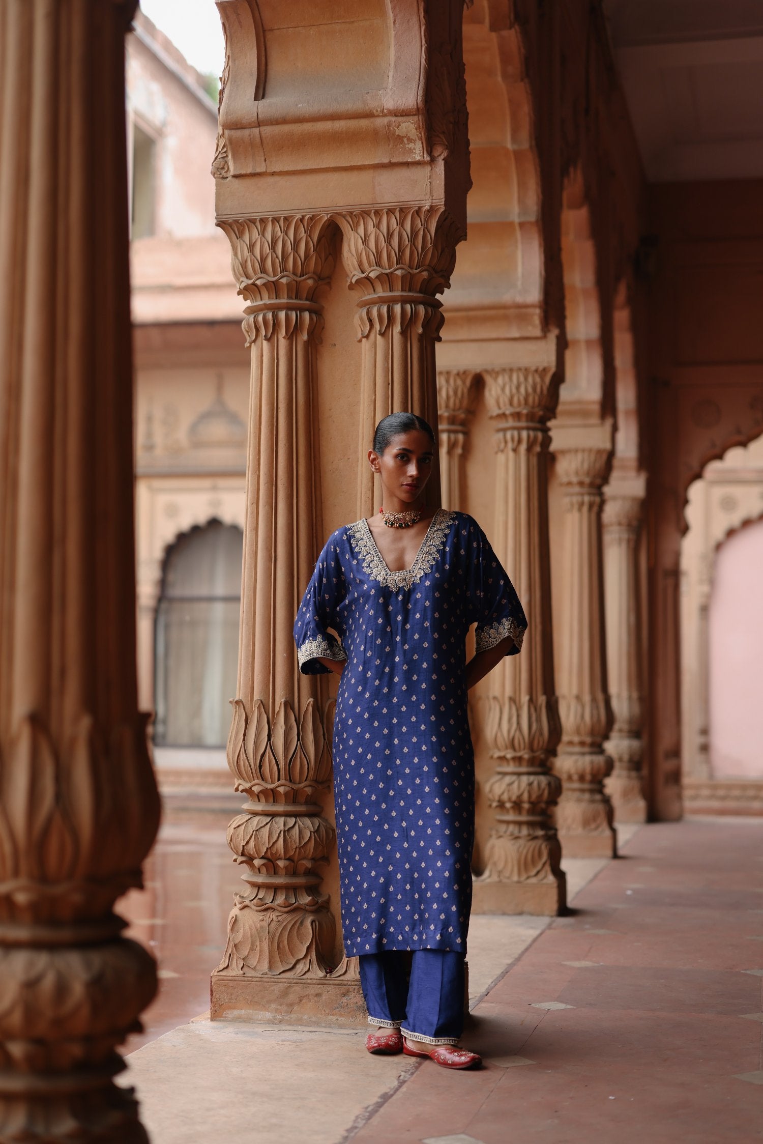 Blue Printed and Hand Embroidered Dupion Silk Kurta Set