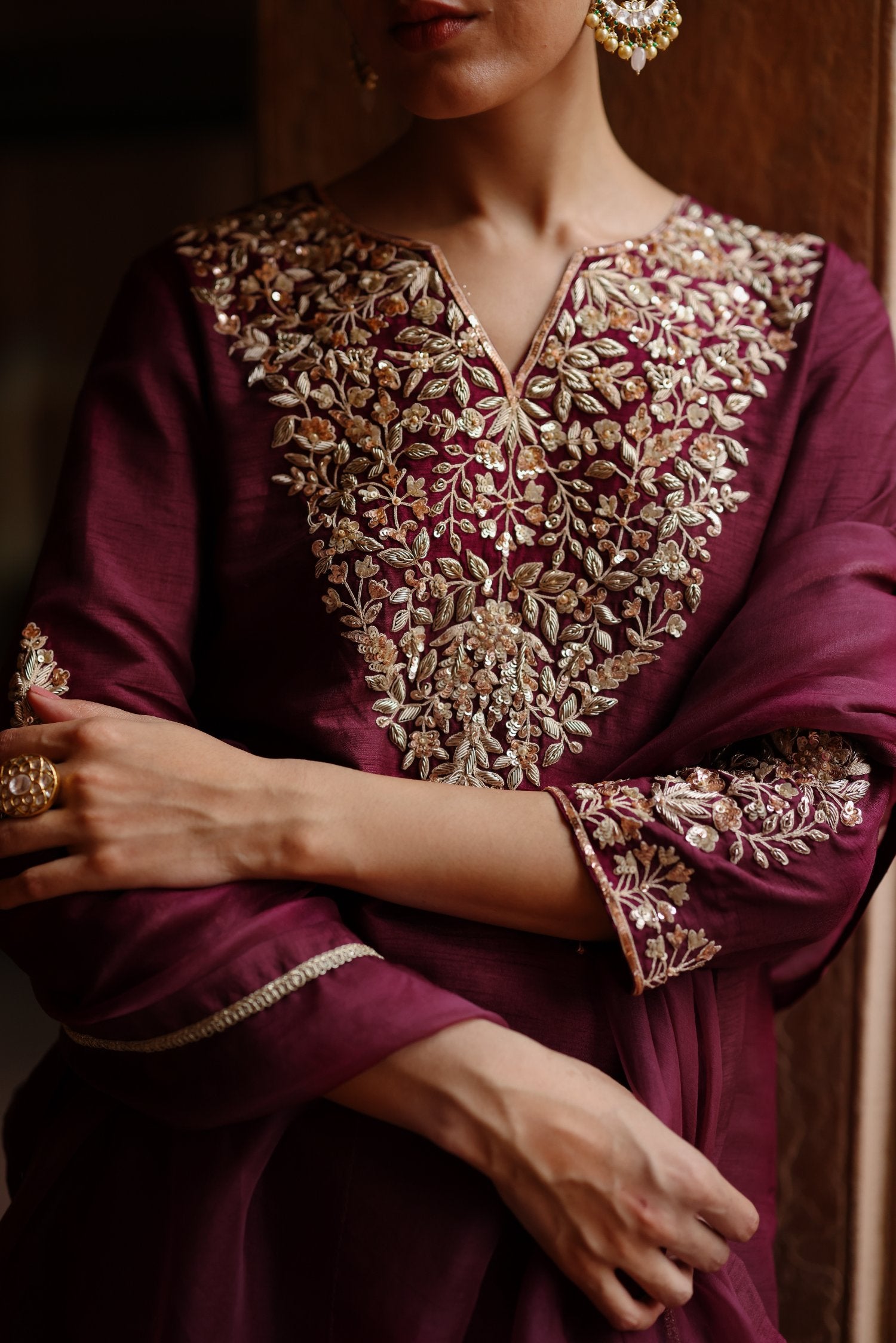 Wine dupion silk Embroidered Sharara Set