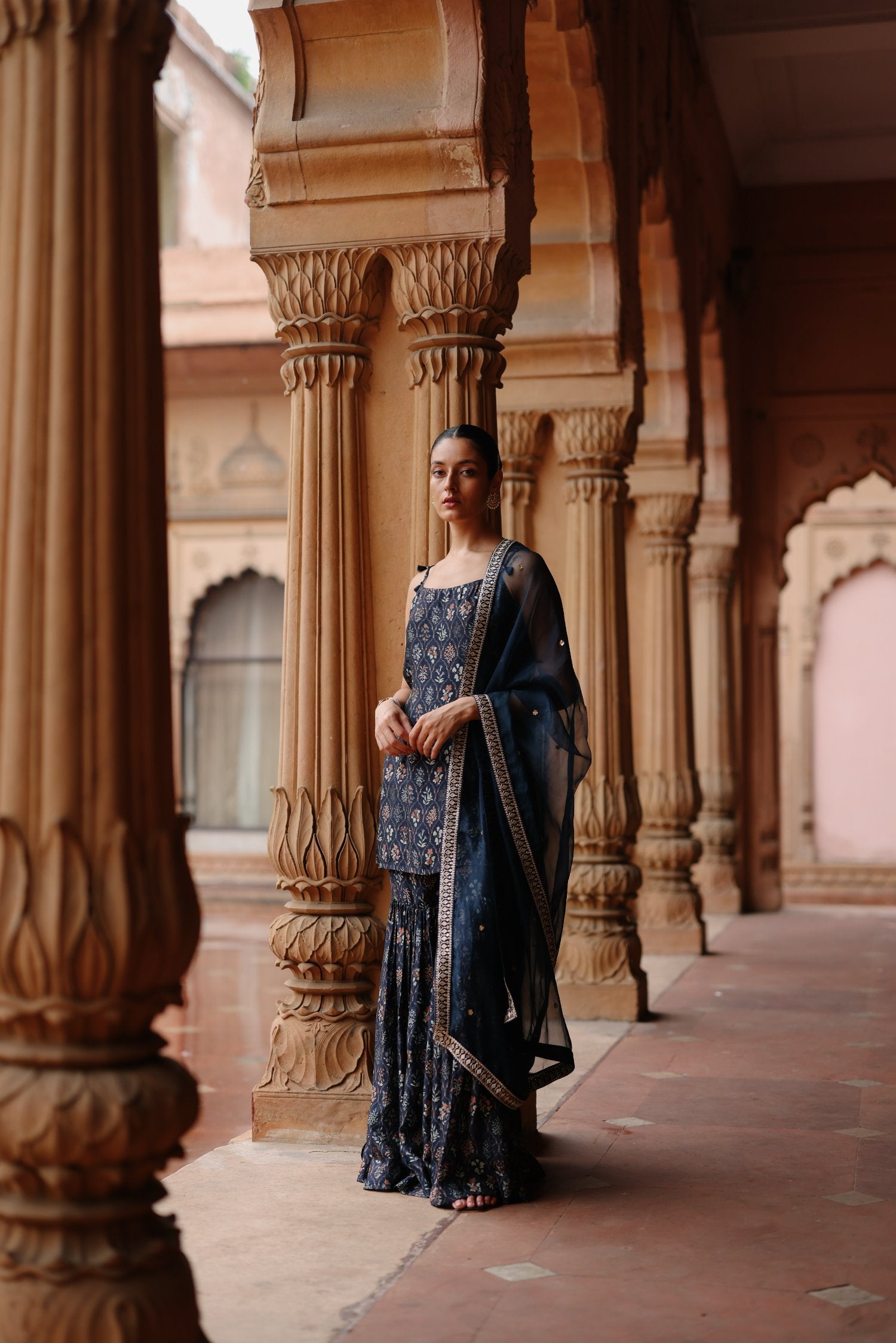 Blue dupion silk Printed Sharara Set