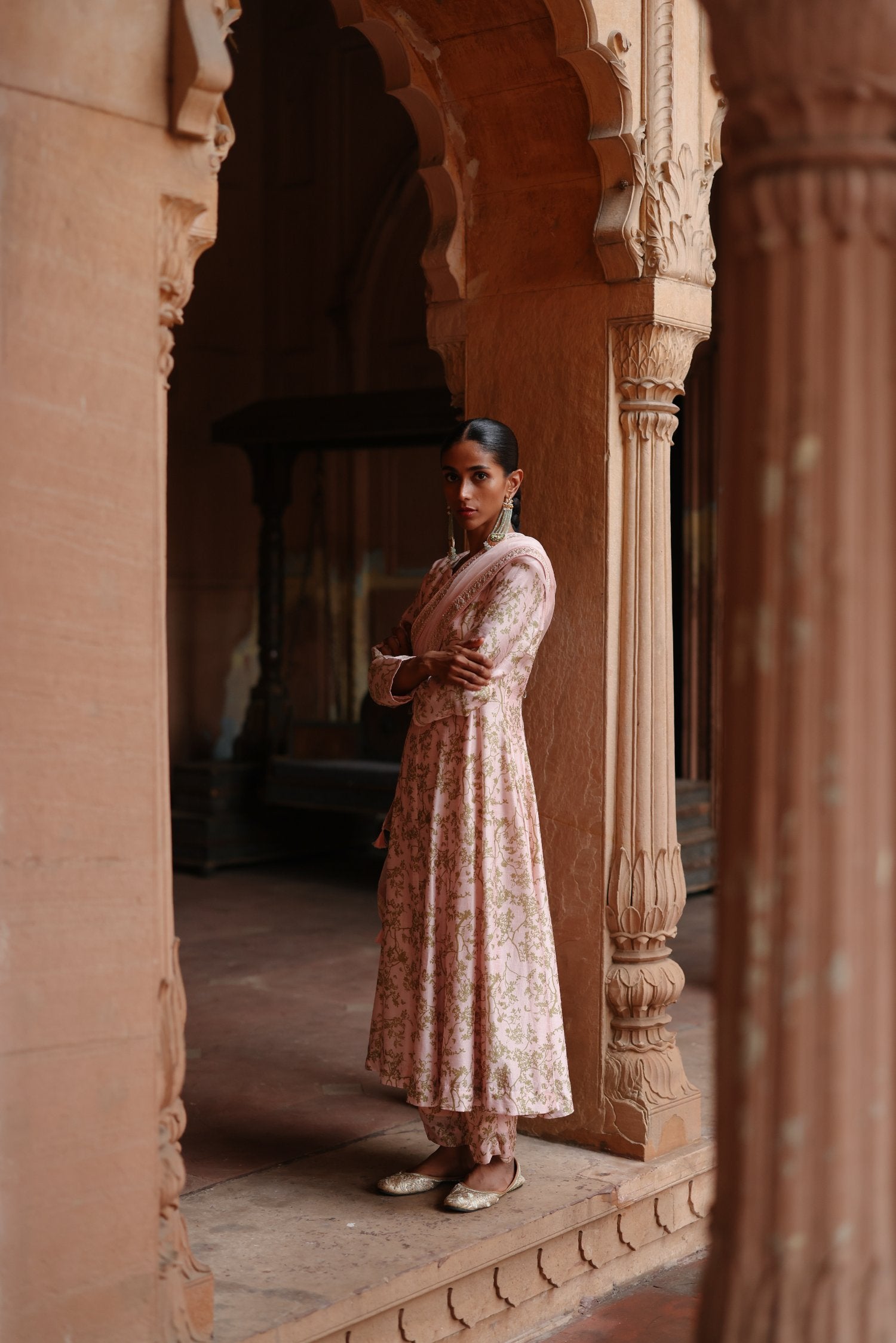 Pastel Pink Dupion Silk Printed Anarkali Set