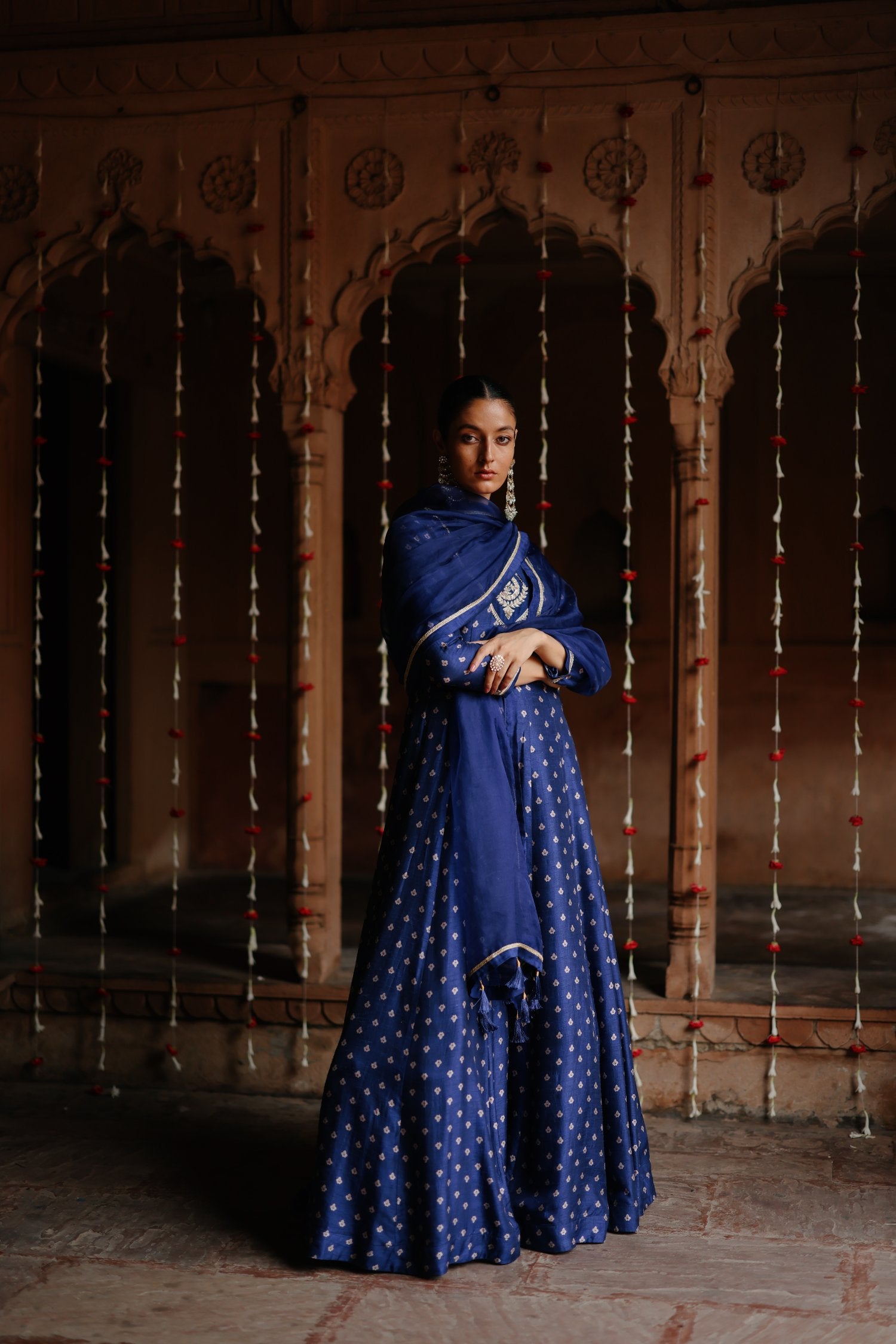 Blue Dupion Silk Embroidered and Printed Anarkali Set