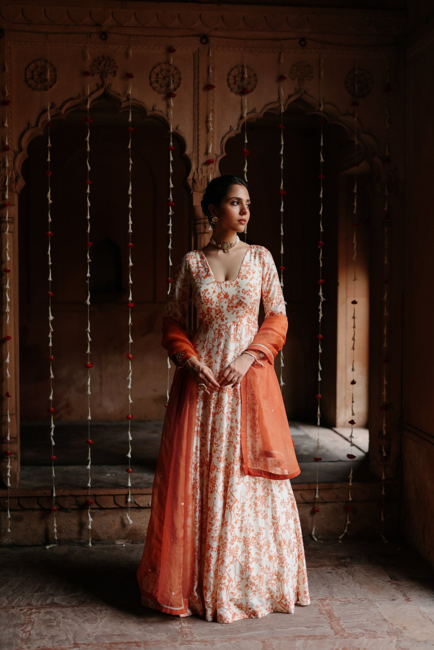 Cream Dupion Silk Printed and Embroidered Anarkali Set