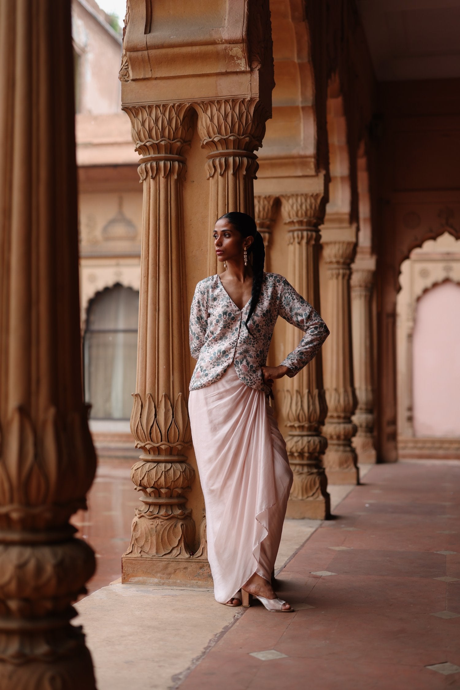 Pink Dupion Silk Printed Jacket and Satin Drape Skirt