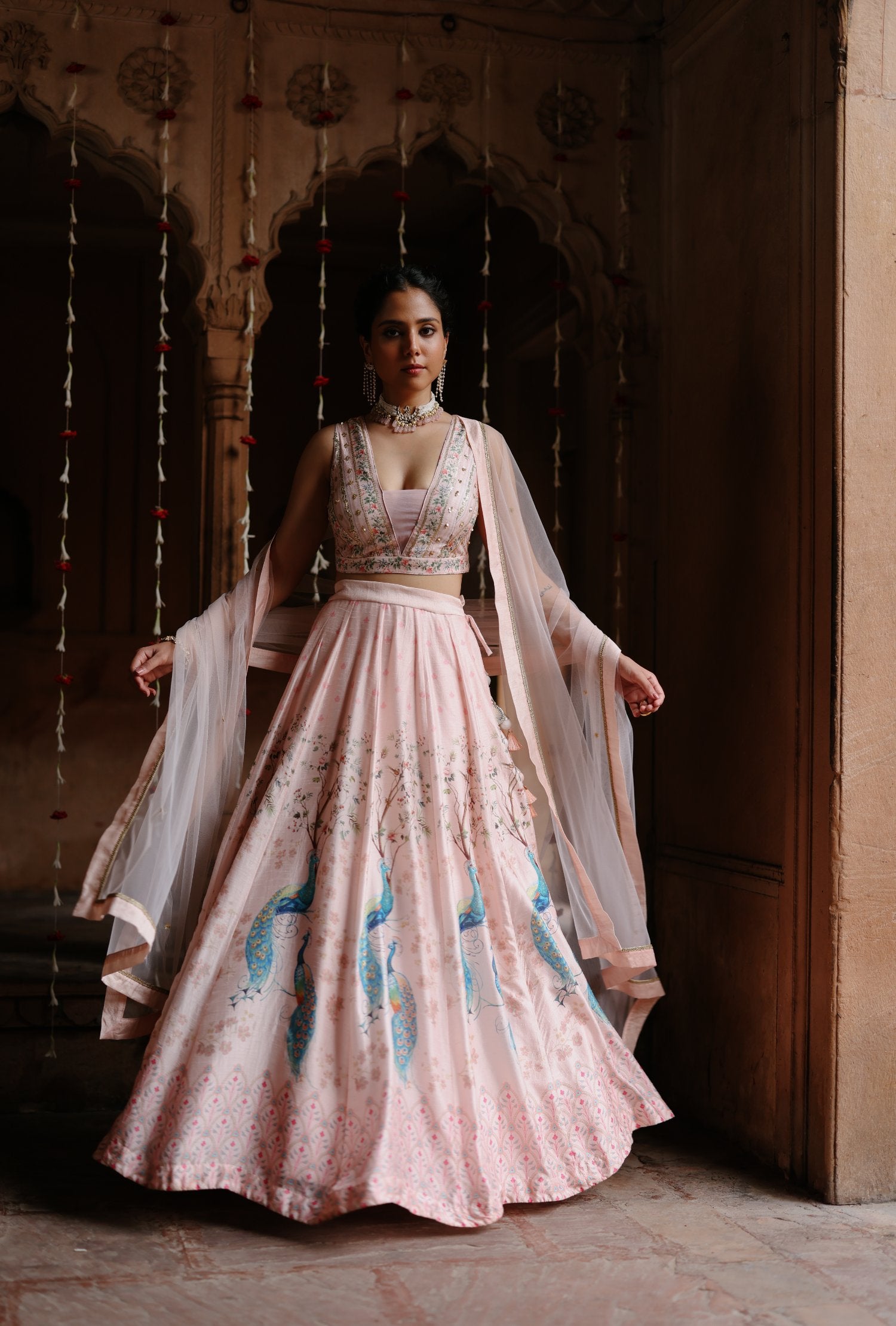 Pink Dupion Silk Printed and Hand Embroidered Lehenga Set