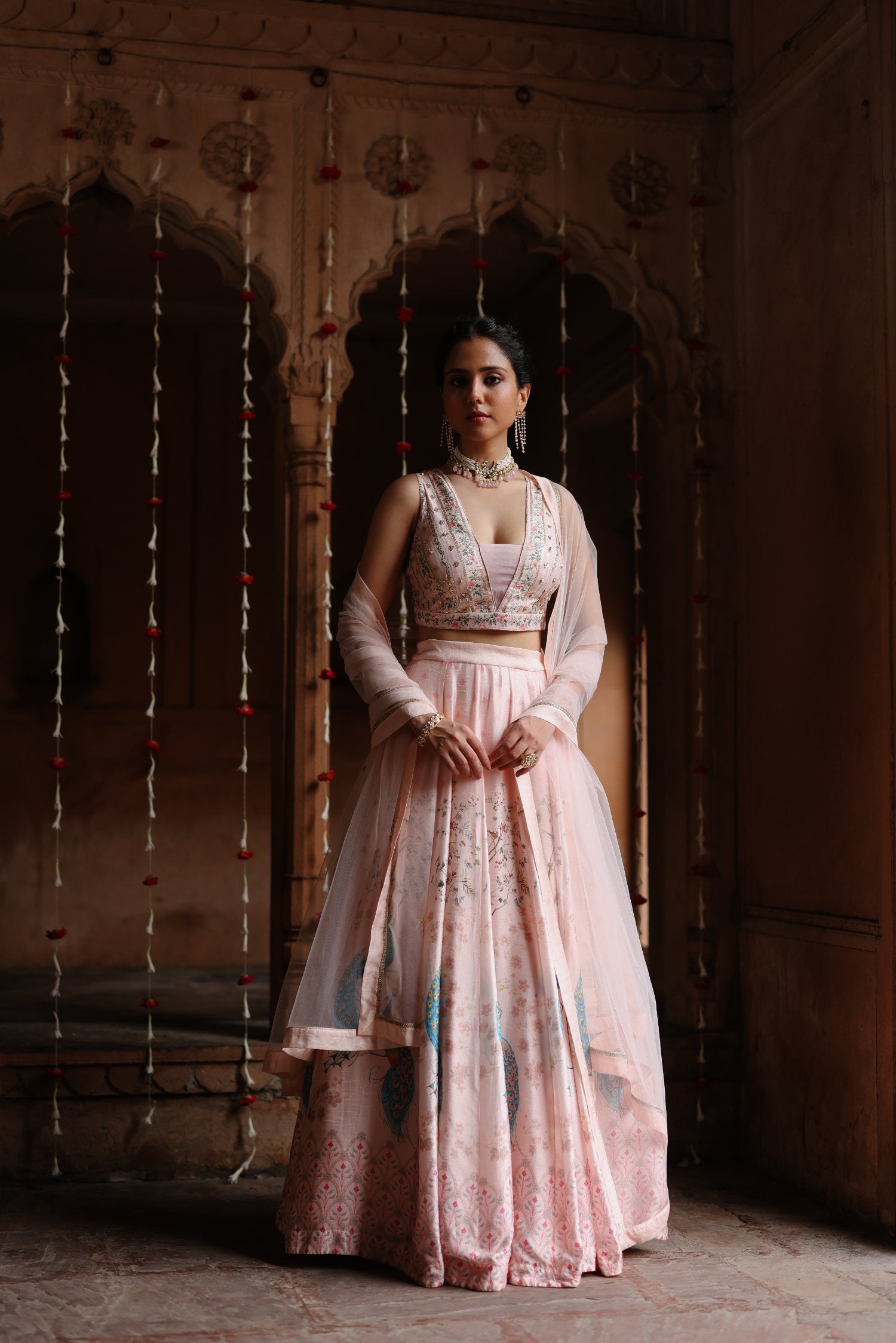 Pink Dupion Silk Printed and Hand Embroidered Lehenga Set