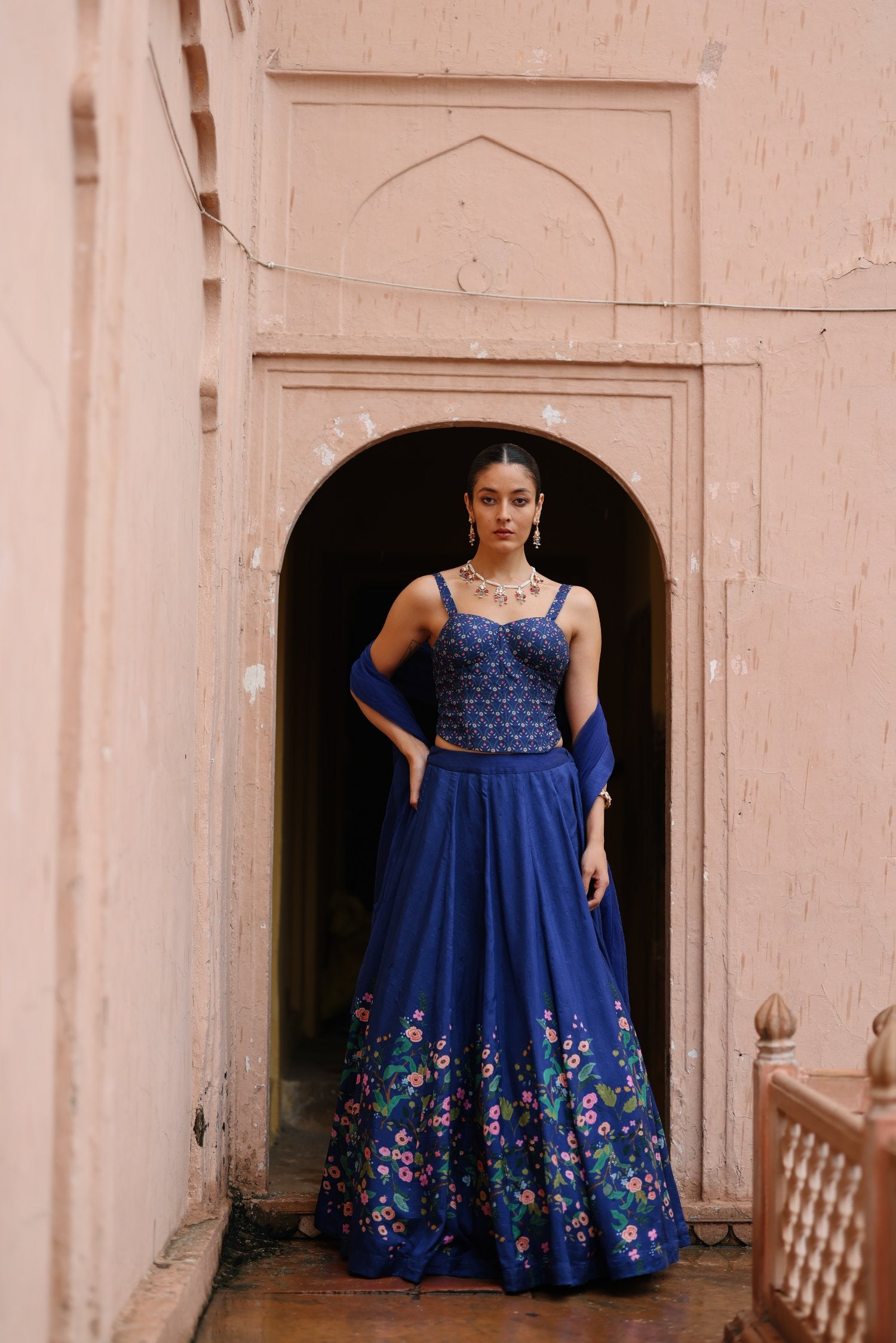 Blue Dupion Silk Printed Lehenga and Corset