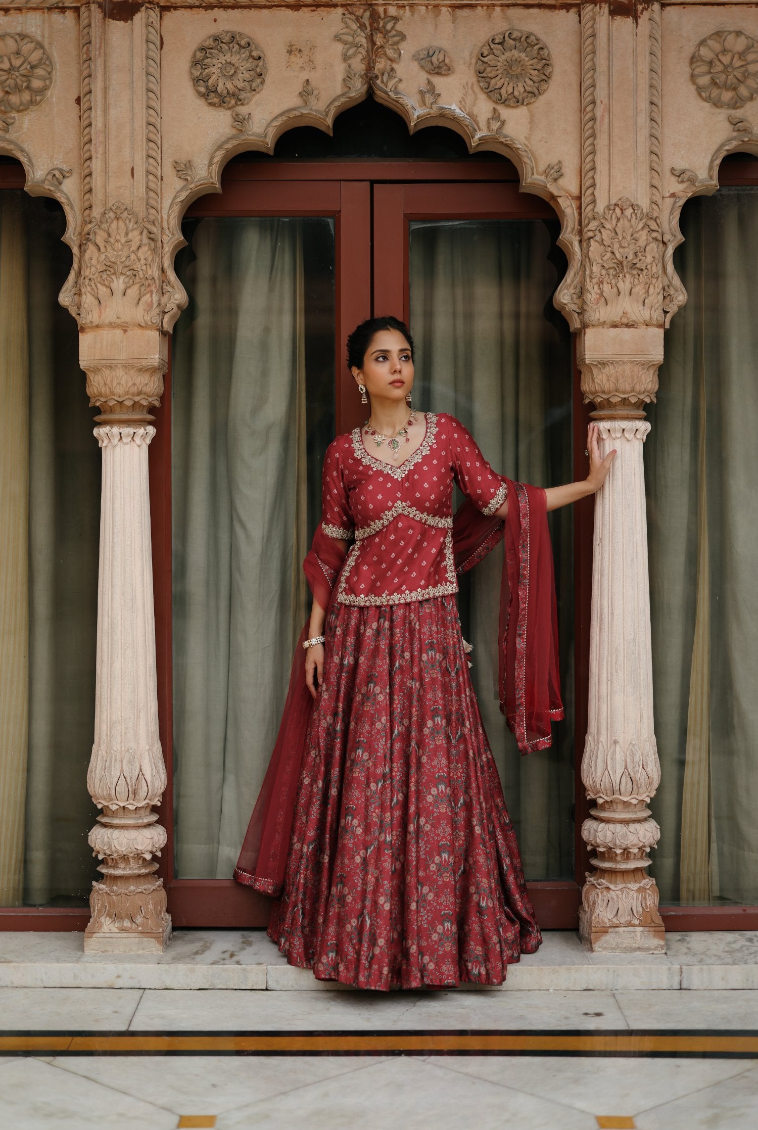 Red Dupion Silk Embroidered and Printed Lehenga Set