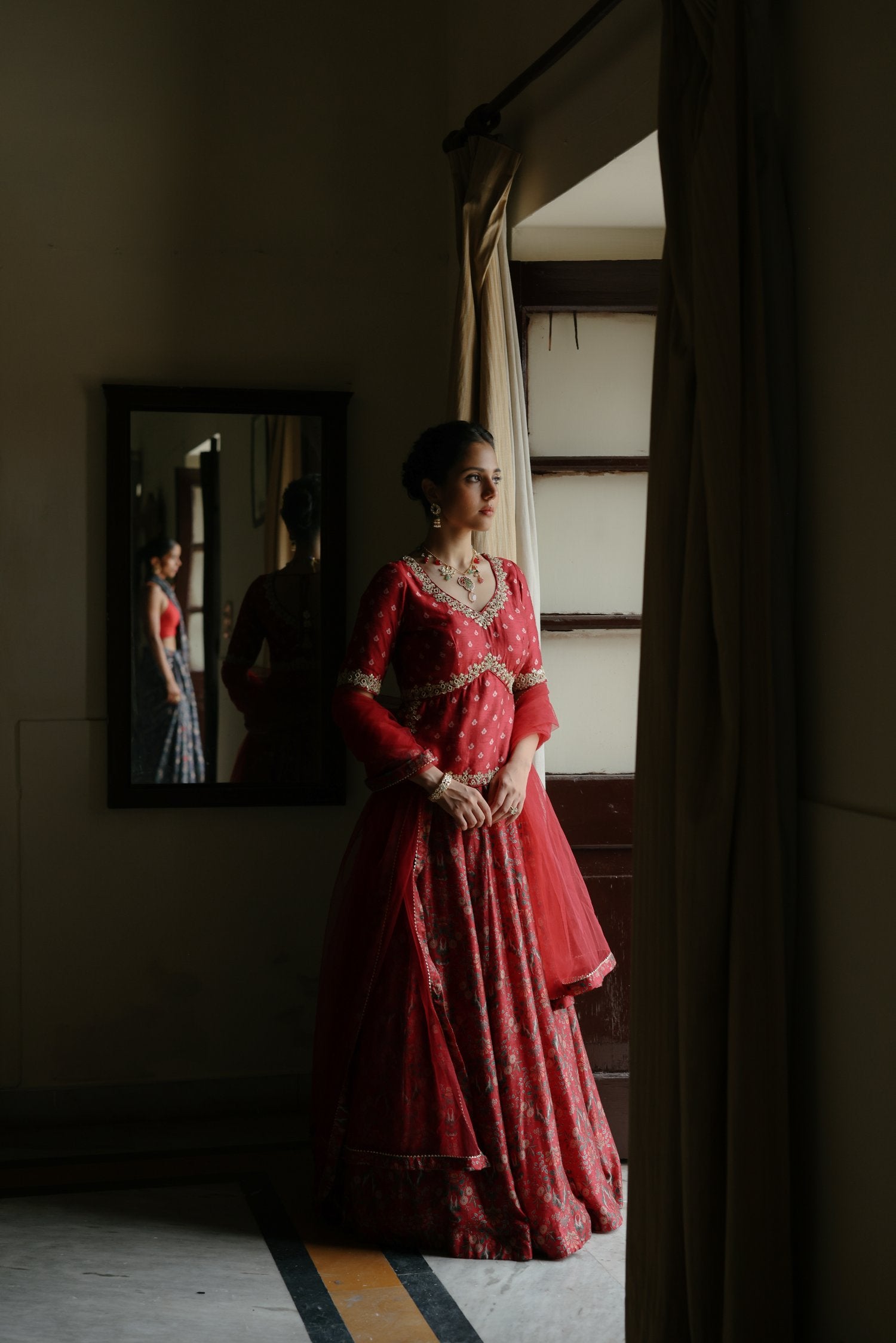 Red Dupion Silk Embroidered and Printed Lehenga Set