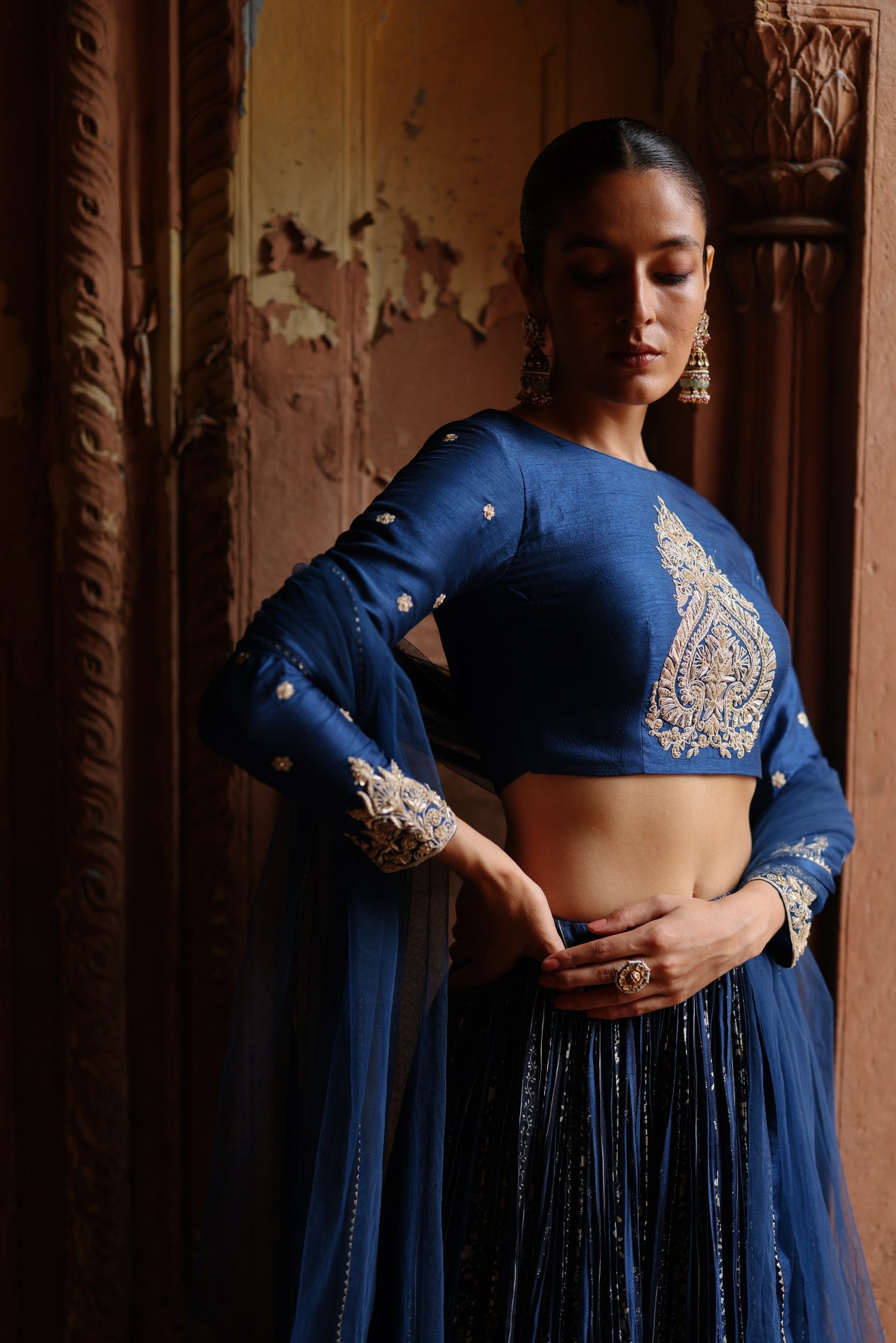 Blue Dupion Silk Embroidered and Printed Lehenga Set