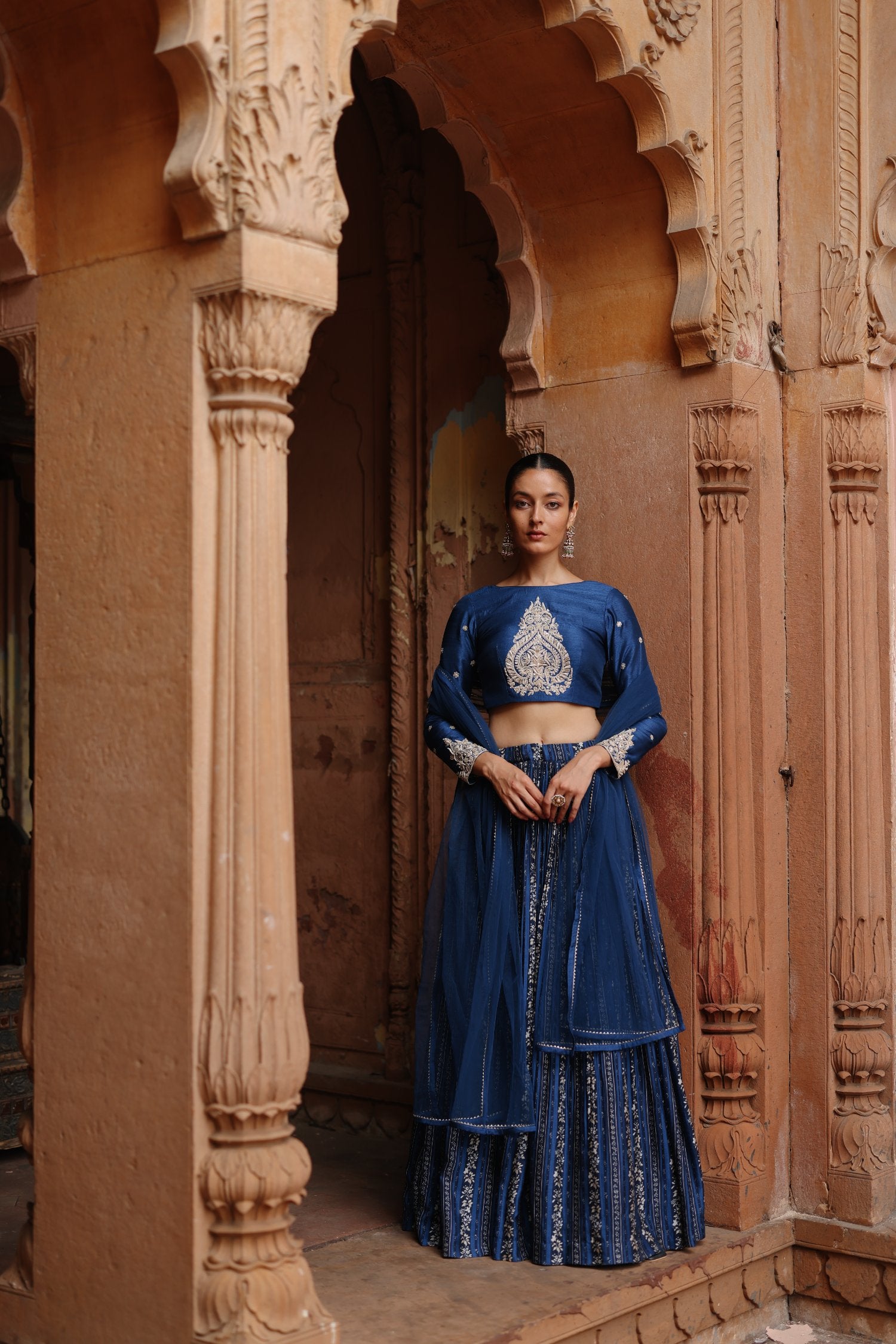 Blue Dupion Silk Embroidered and Printed Lehenga Set