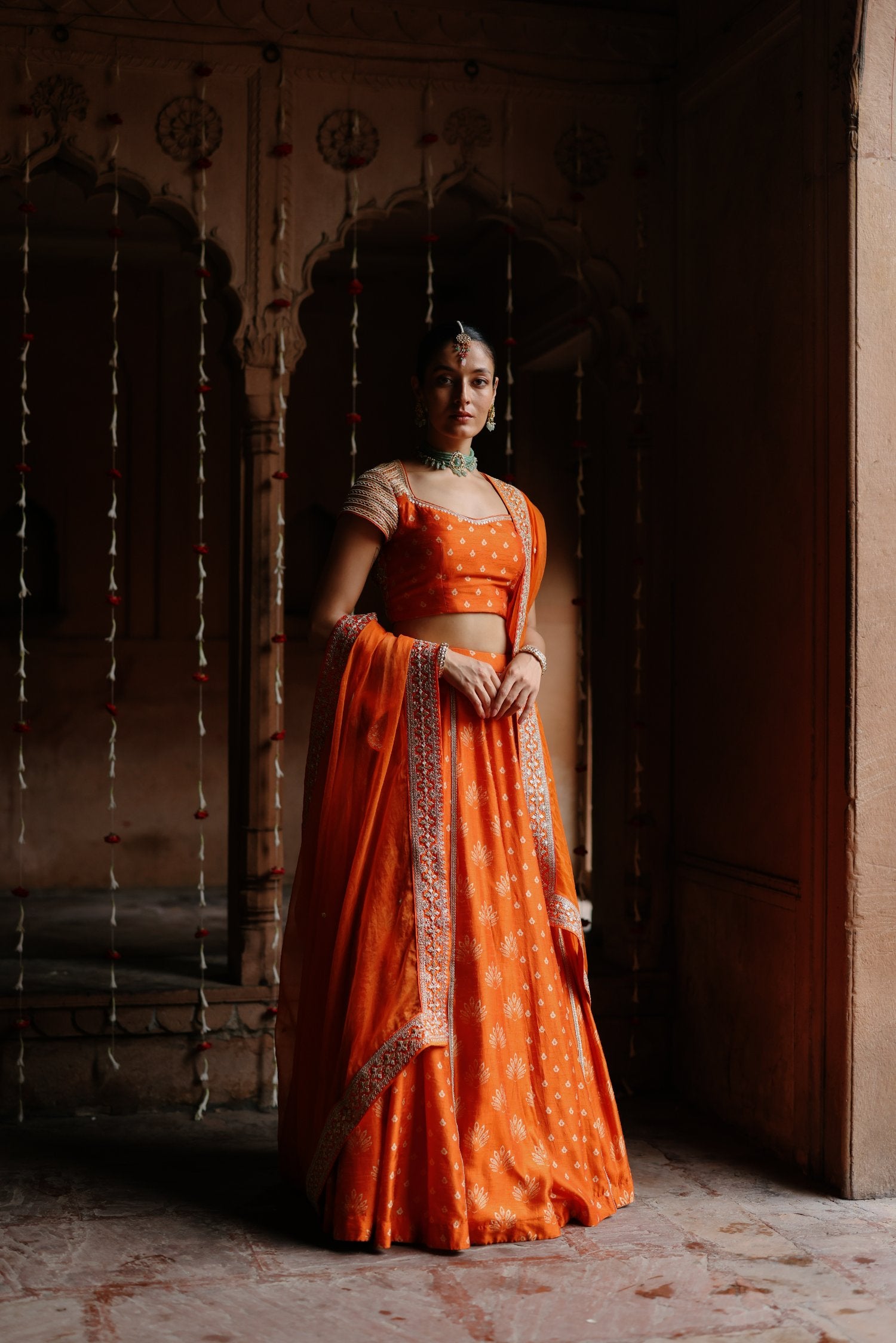 Orange Dupion Silk Embroidered and Printed Lehenga Set