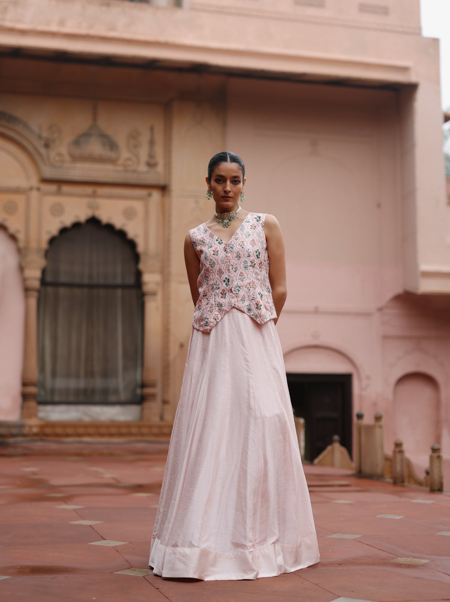 Pink Dupion Silk Printed Waistcoat and Skirt Set