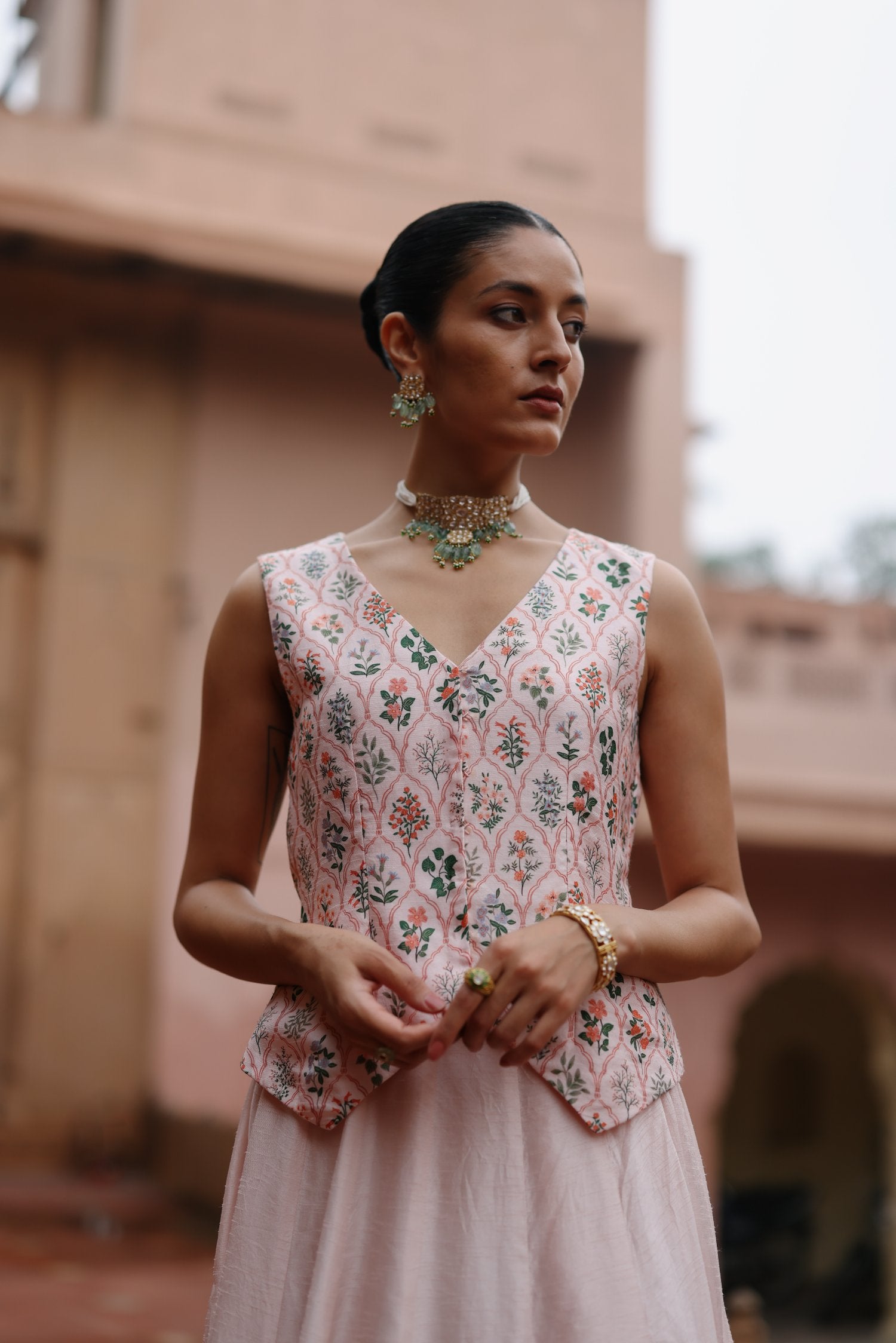 Pink Dupion Silk Printed Waistcoat and Skirt Set