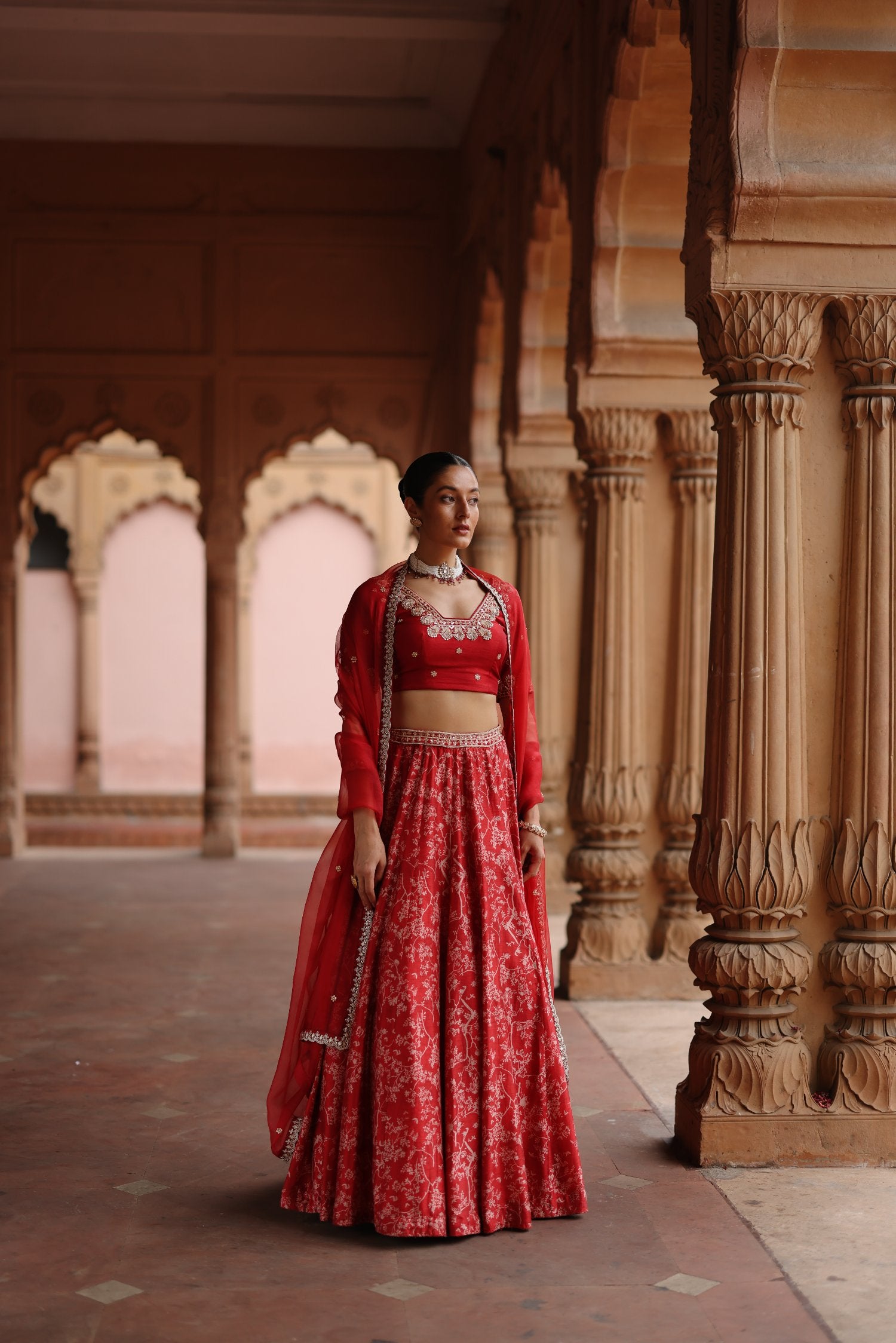 Red Dupion Silk Embroidered and Printed Lehenga Set