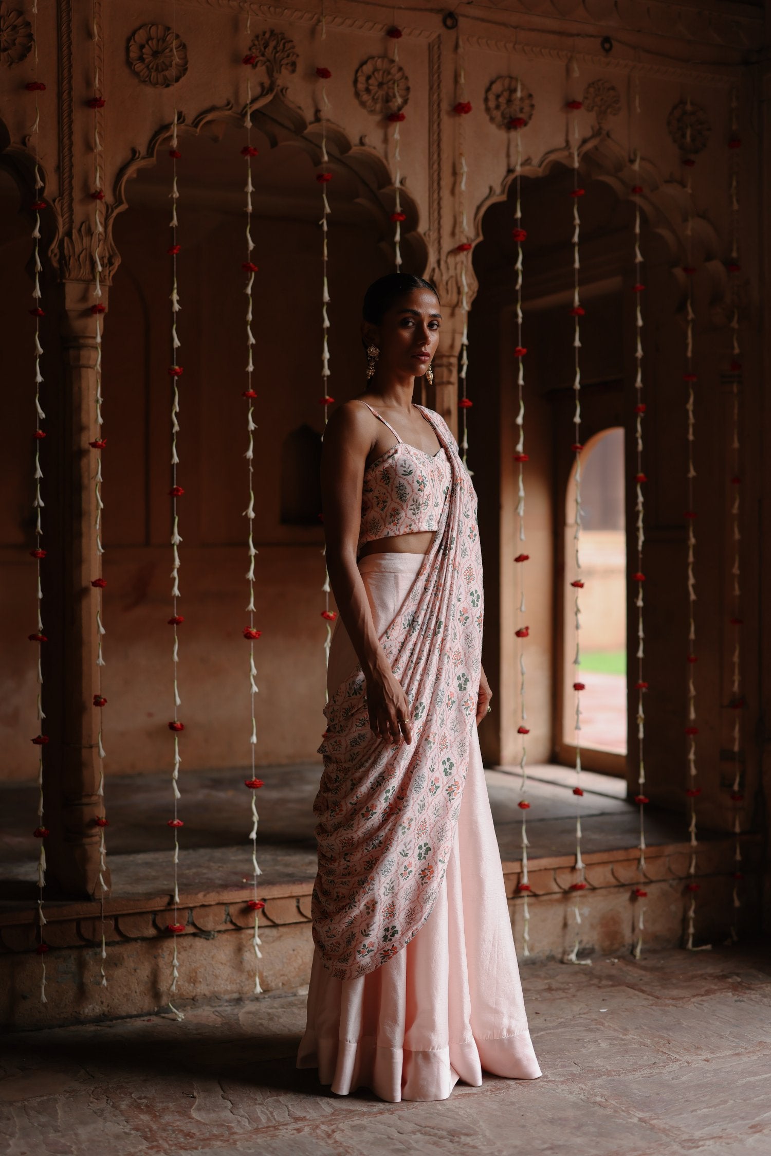 Pastel Pink Dupion Silk Printed Fusion Saree Set