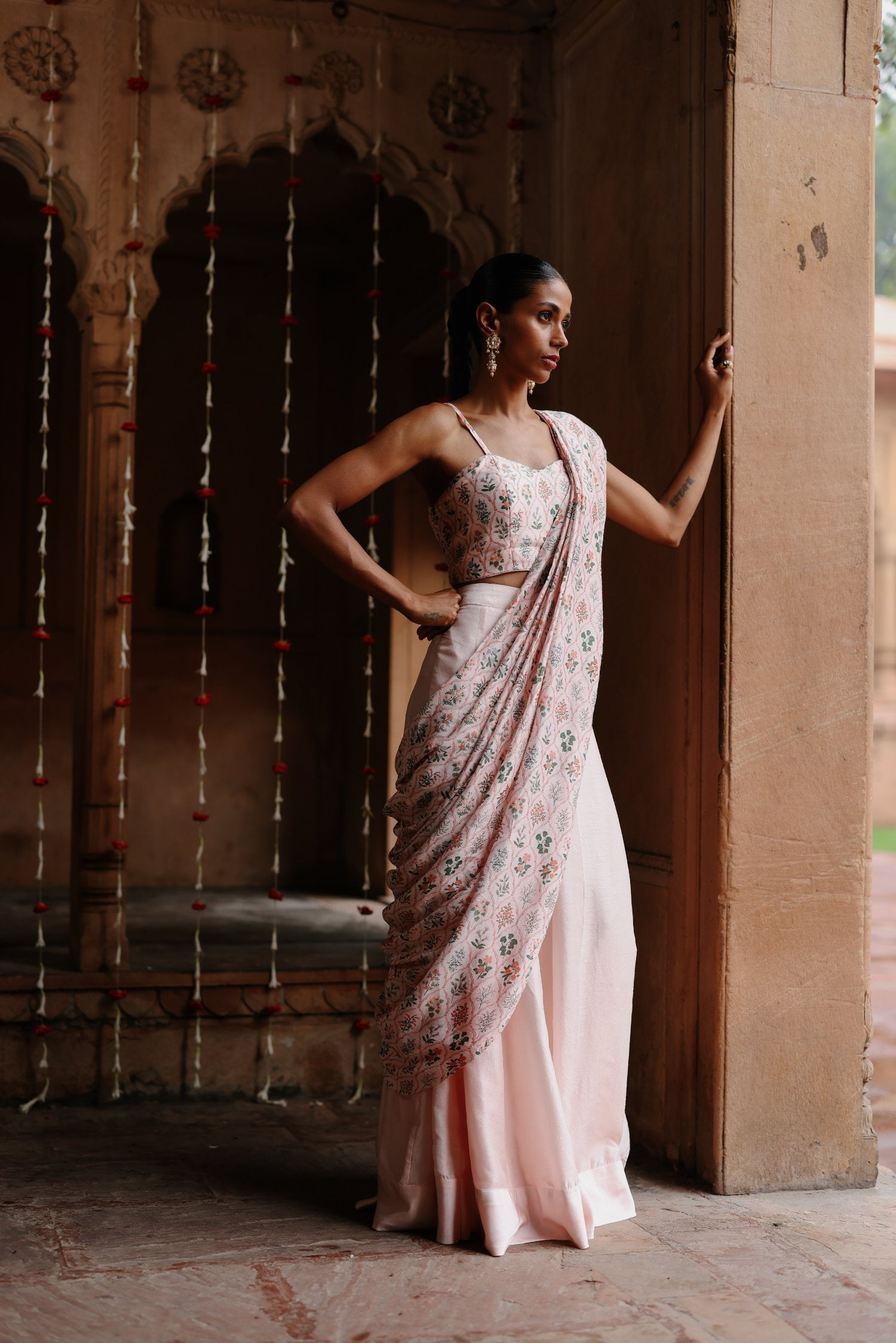 Pastel Pink Dupion Silk Printed Fusion Saree Set