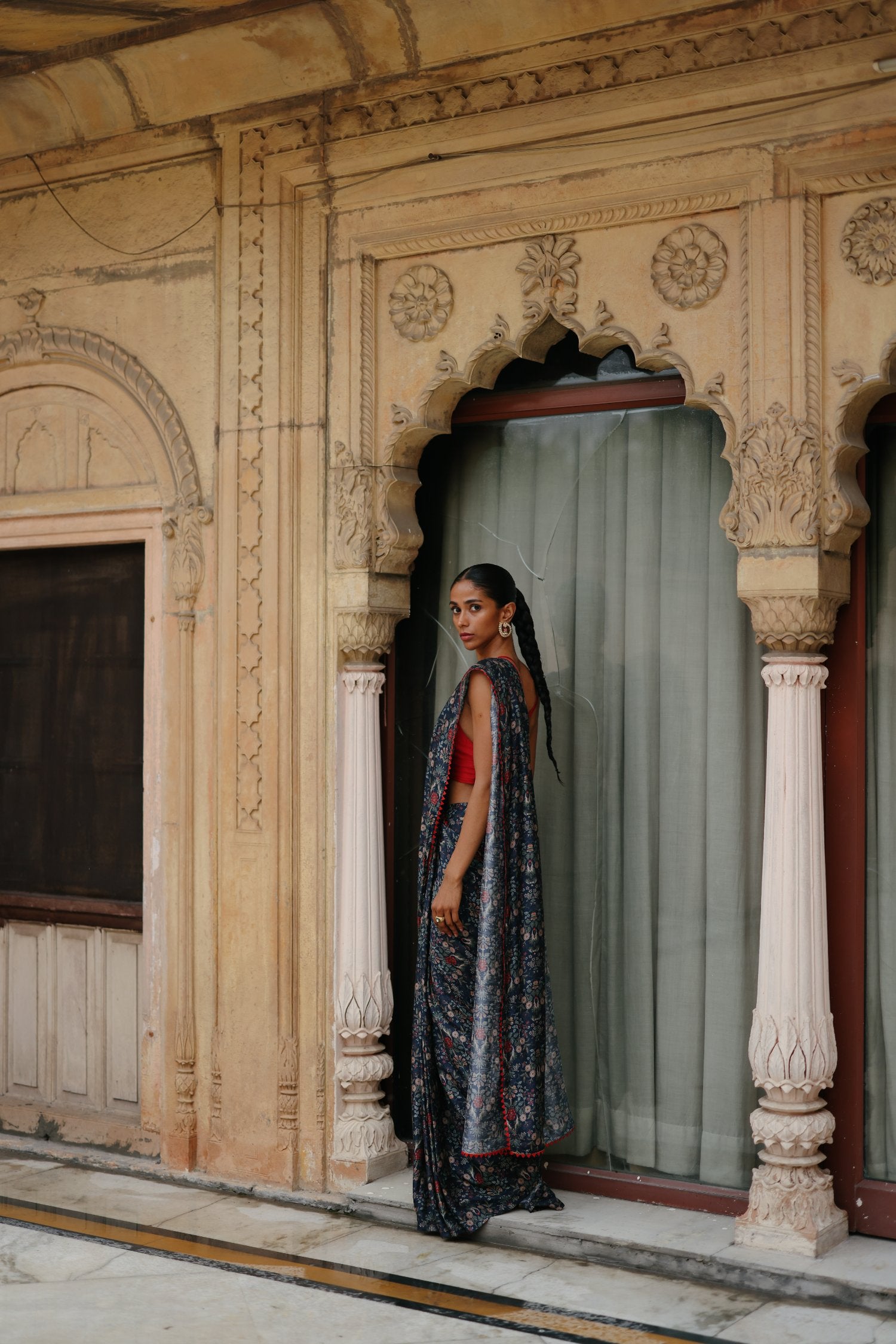 Blue Dupion Silk Printed Pre Stitched Saree Set