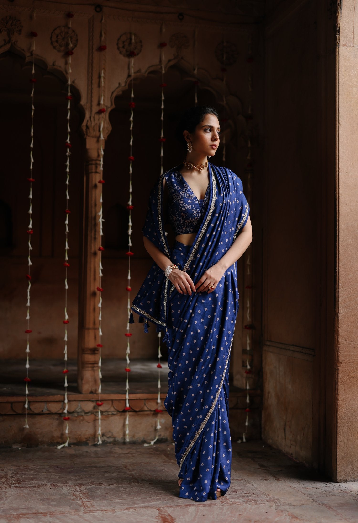 Blue Dupion Silk Printed Pre-Stitched Saree