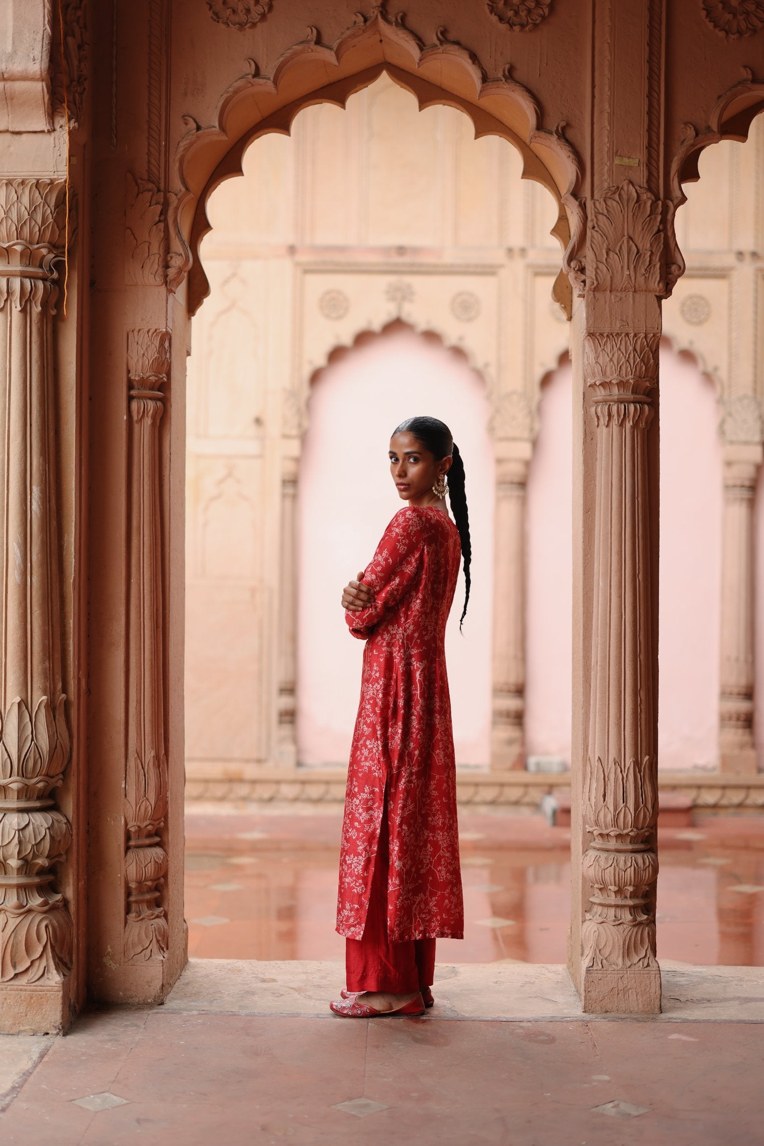 Red Printed and Hand Embroidered Dupion Silk Kurta Set