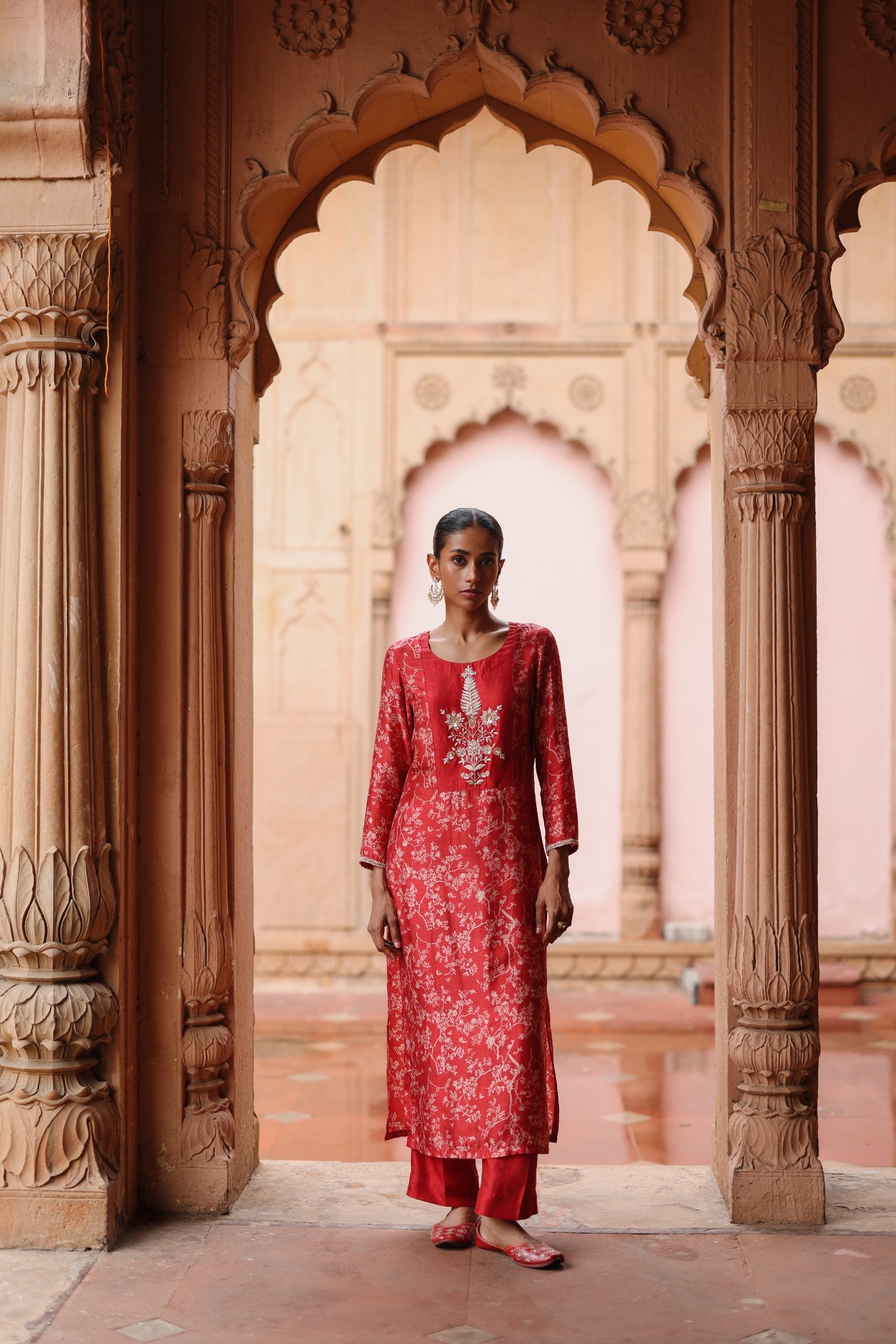 Red Printed and Hand Embroidered Dupion Silk Kurta Set