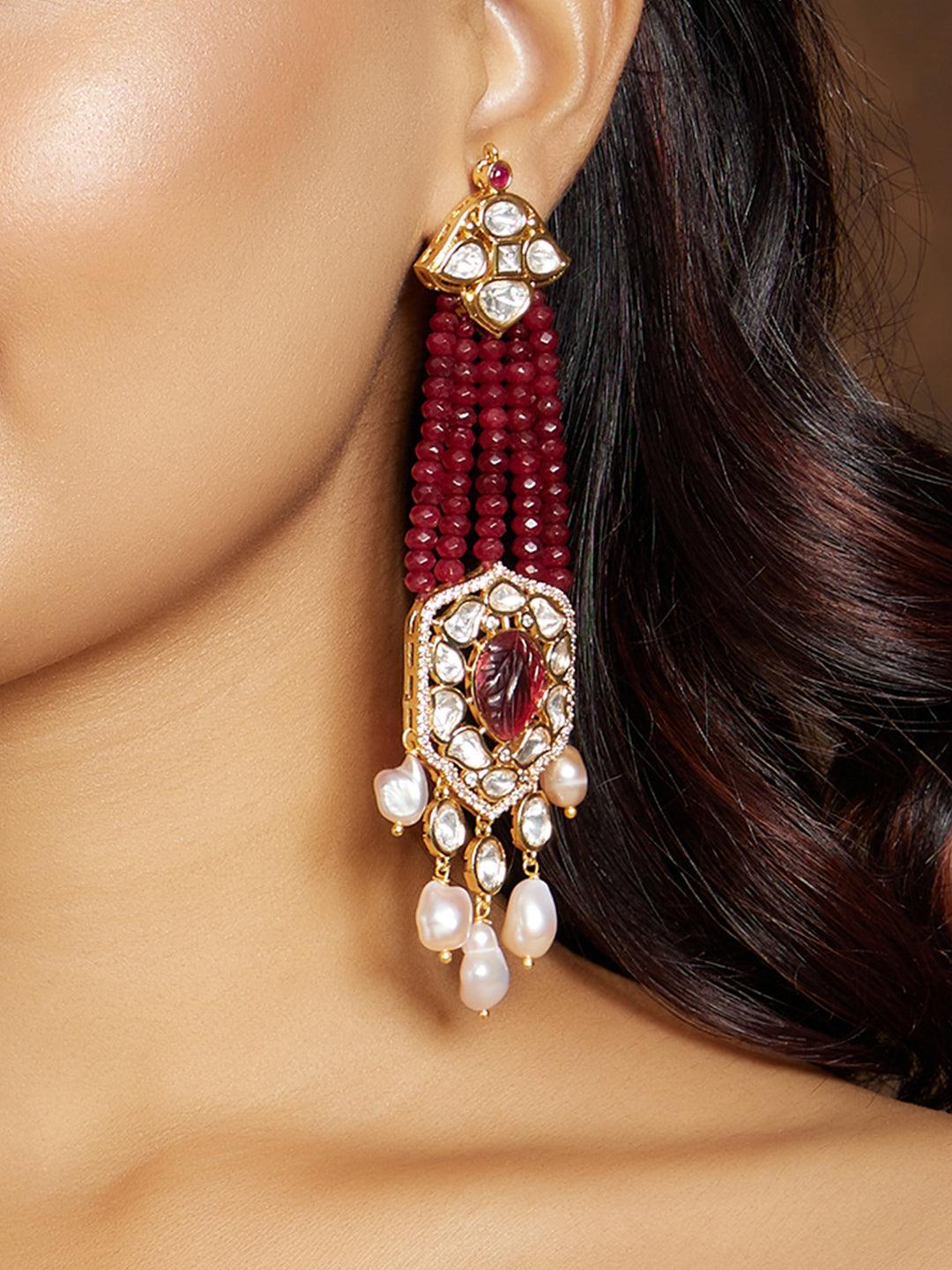 Deep Red & Golden Chandelier Earring