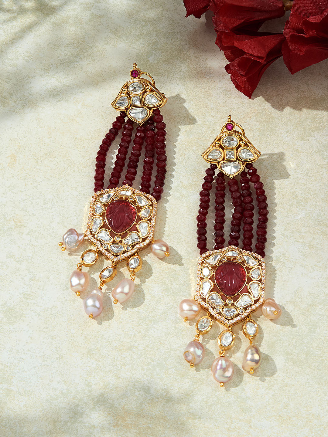 Deep Red & Golden Chandelier Earring