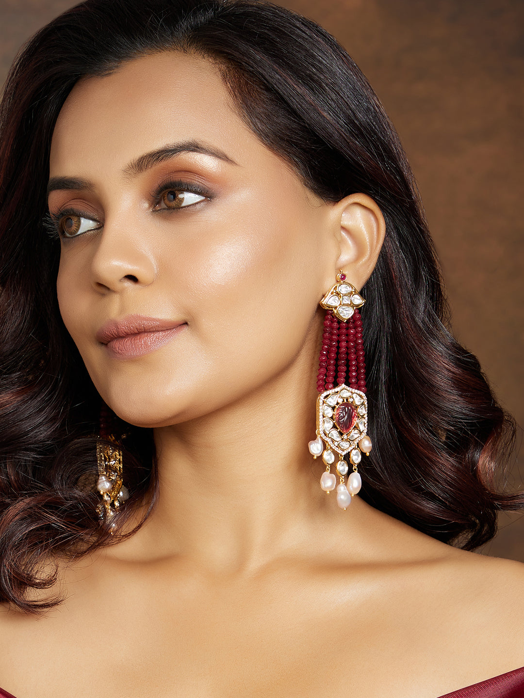 Deep Red & Golden Chandelier Earring