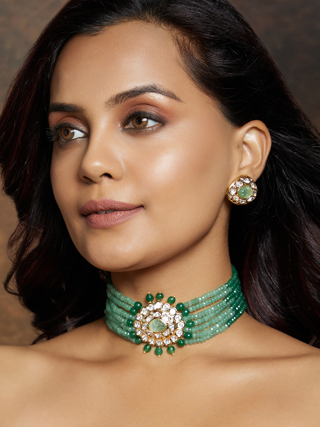 Multi Shaded Green Polki Choker Set