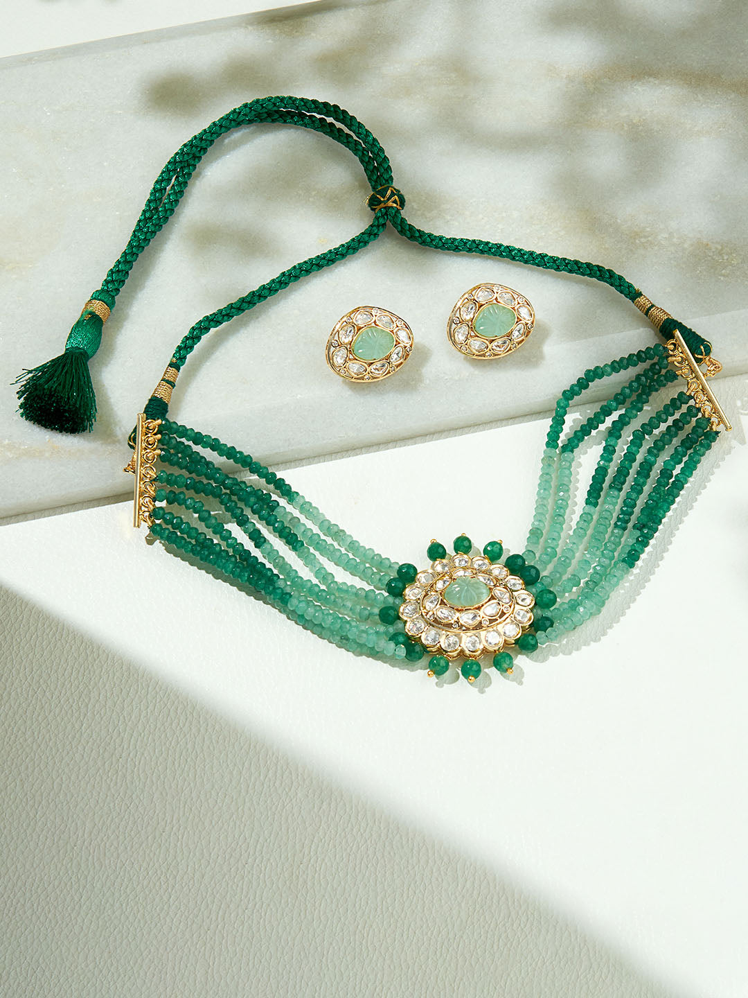 Multi Shaded Green Polki Choker Set