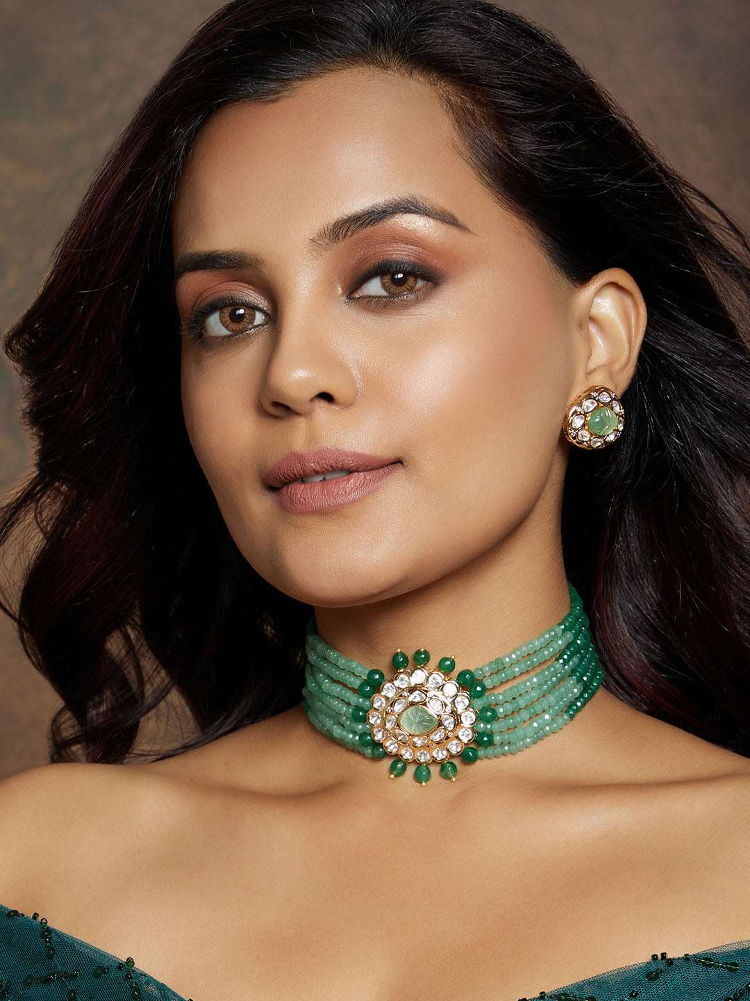 Multi Shaded Green Polki Choker Set