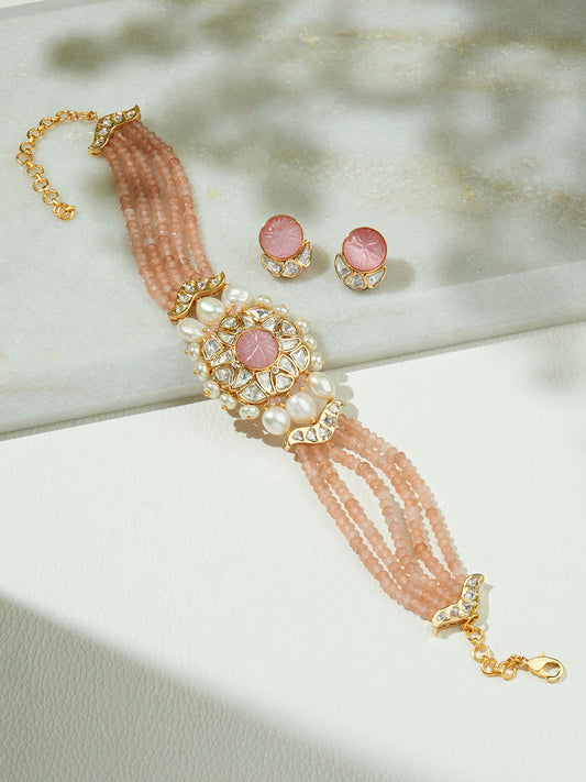 Vibrant Peach Beaded Polki Necklace Set