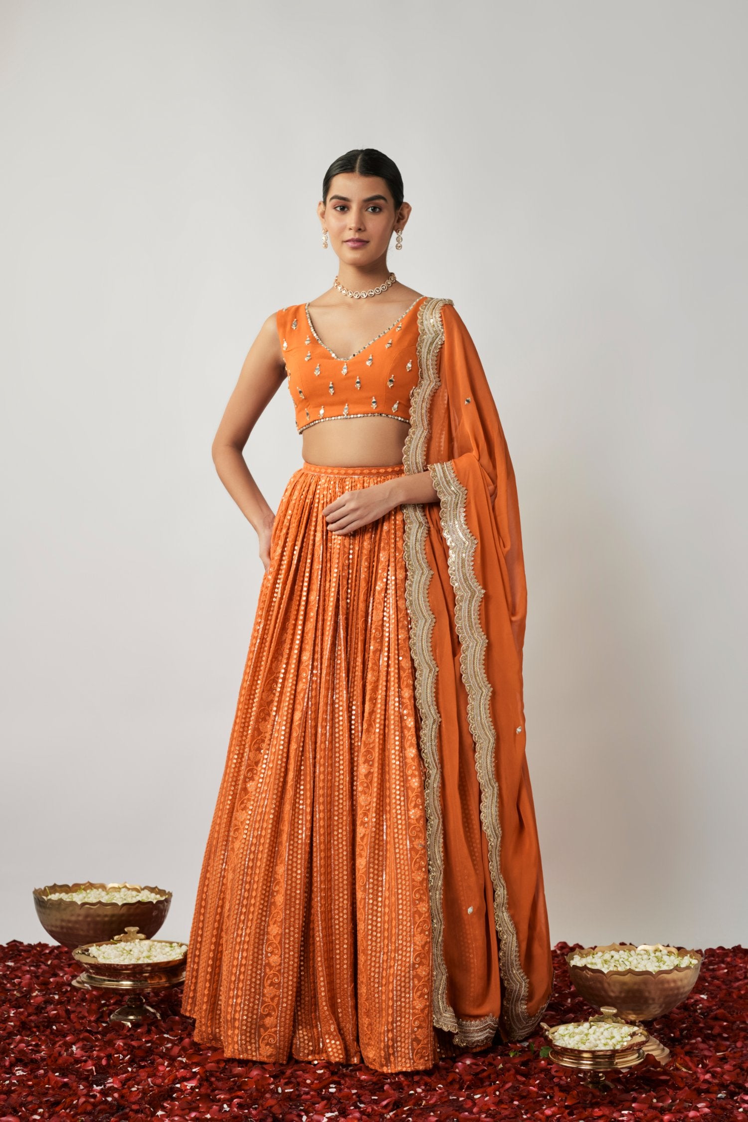 Sequin And Thread Embroidered Georgette Lehenga Set