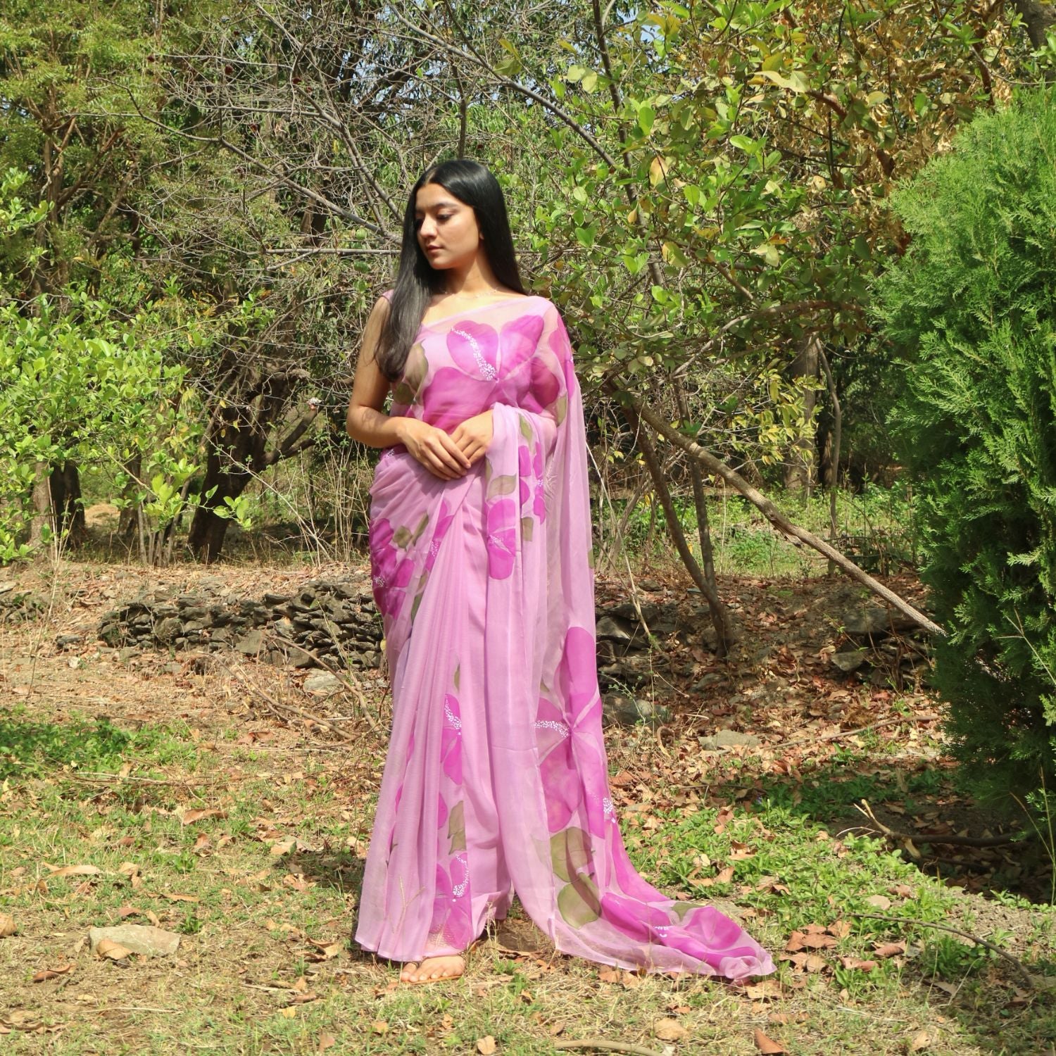 Hibiscus Chiffon Saree In Lilac