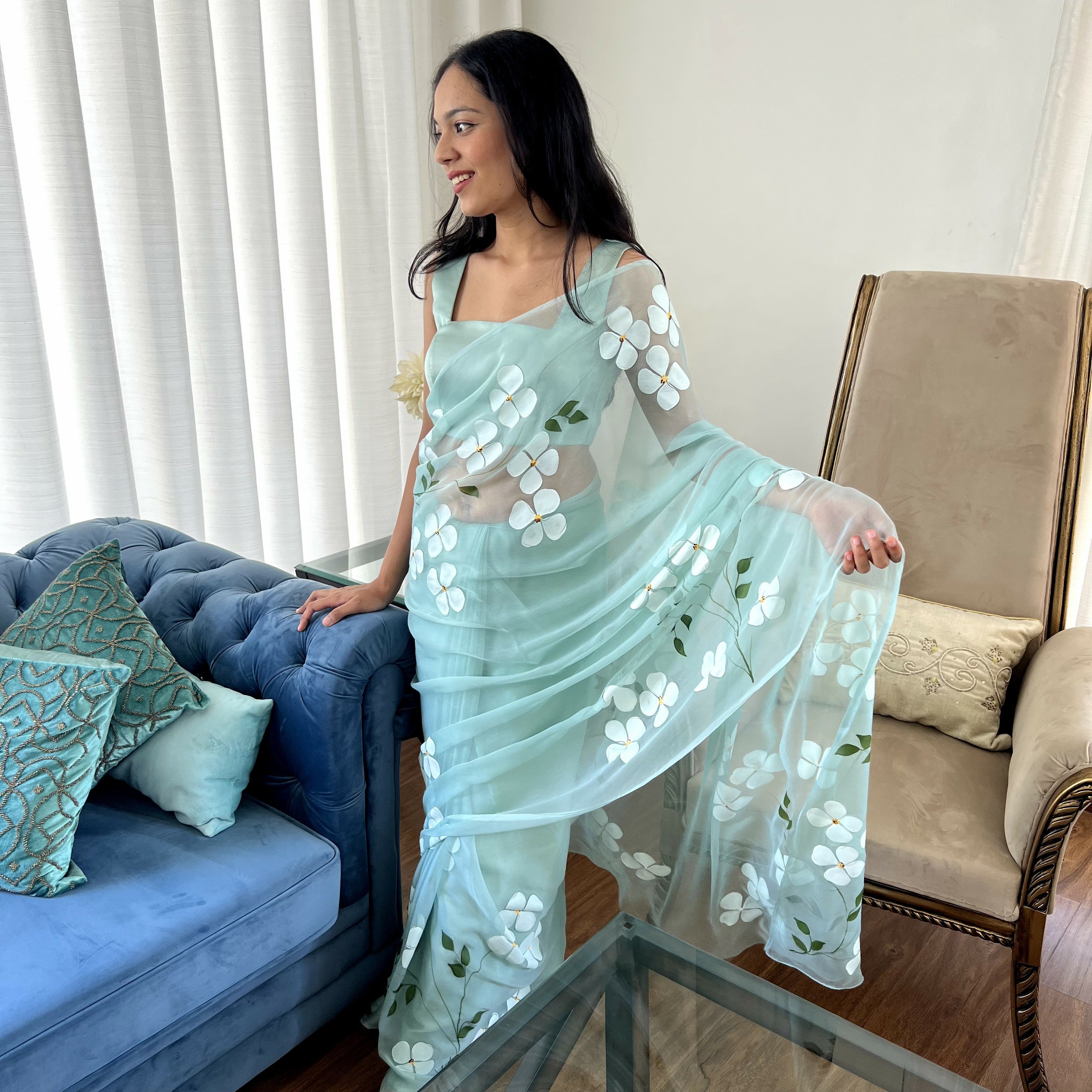 Dogwood Chiffon Saree In Teal