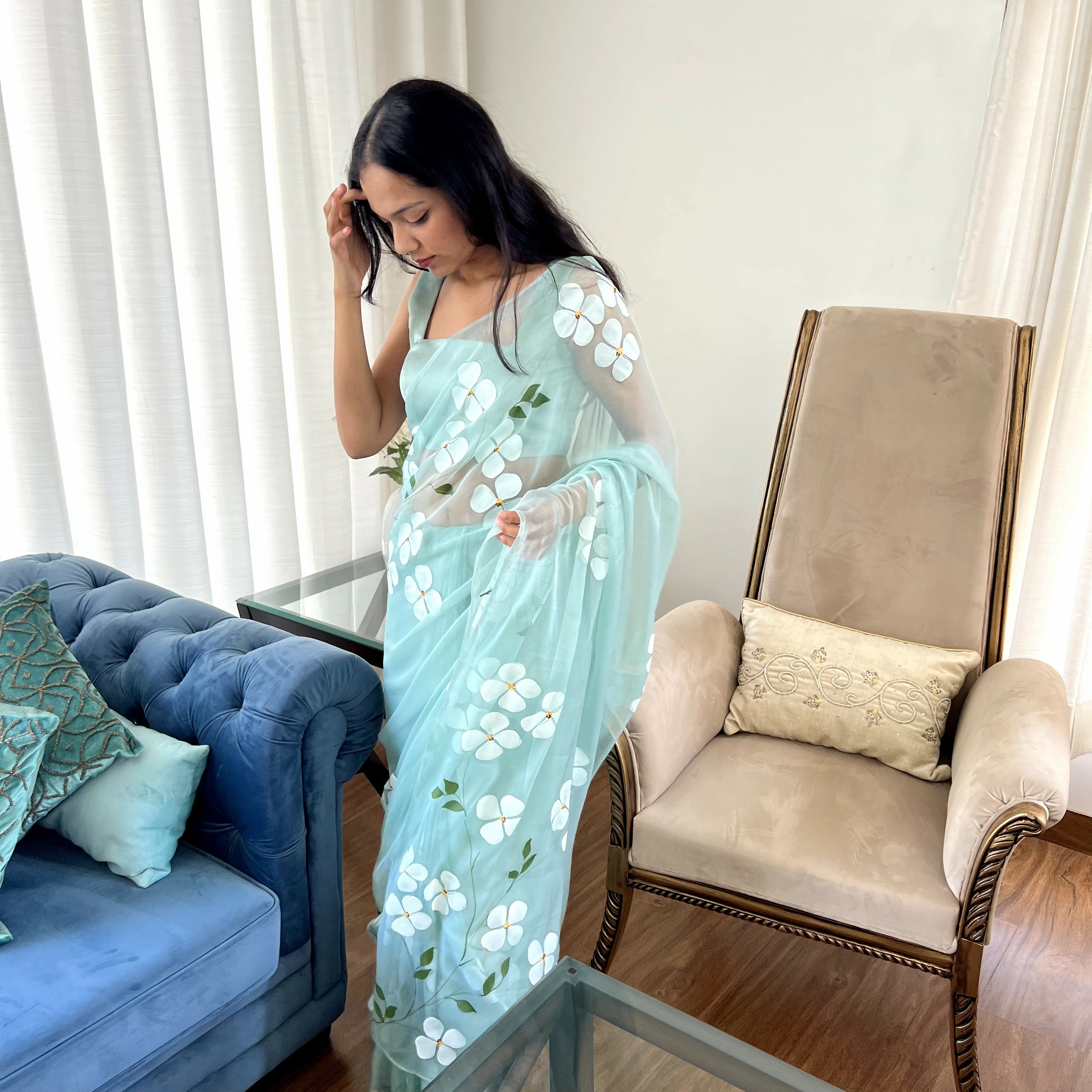 Dogwood Chiffon Saree In Teal