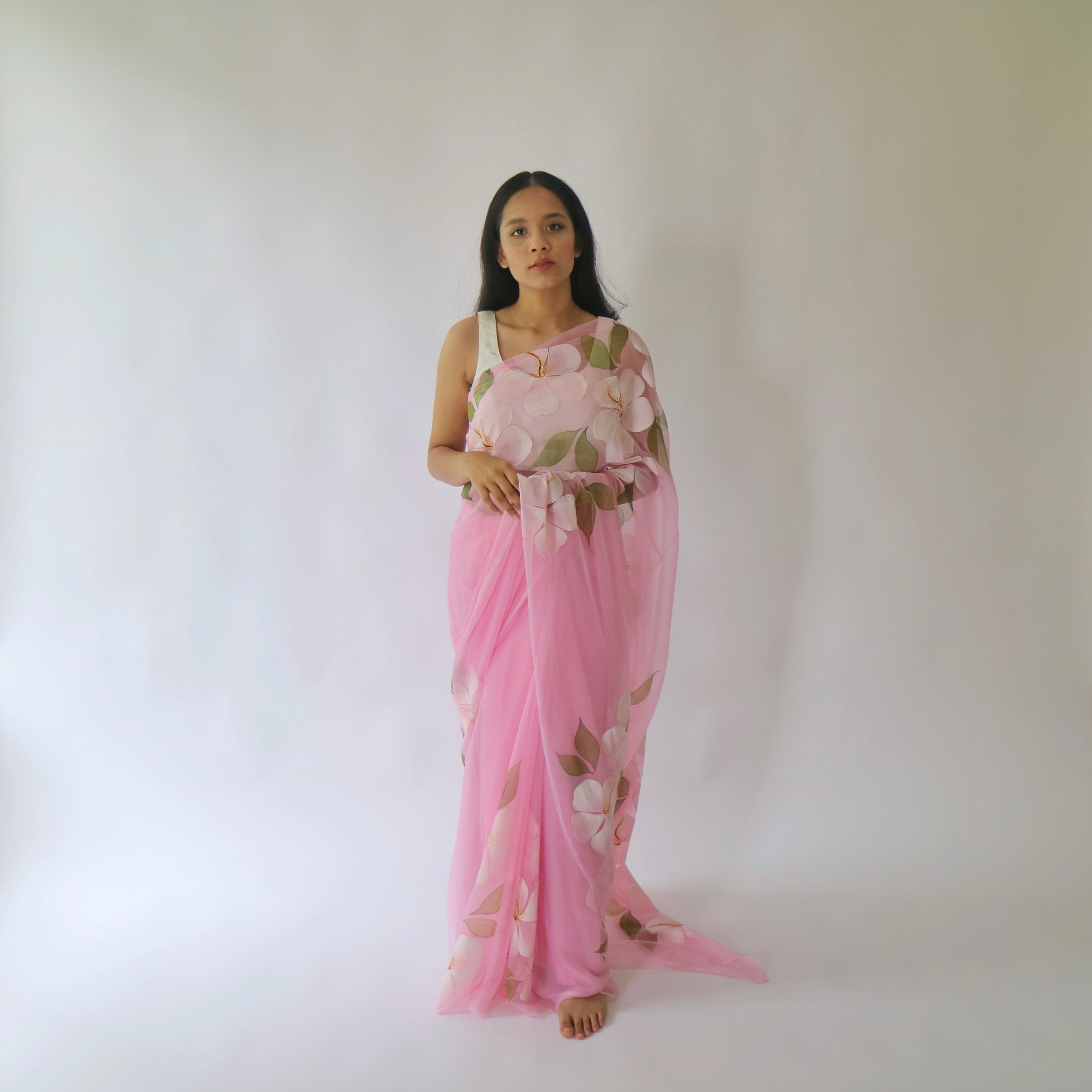 Hibiscus Chiffon Saree In Pink Base