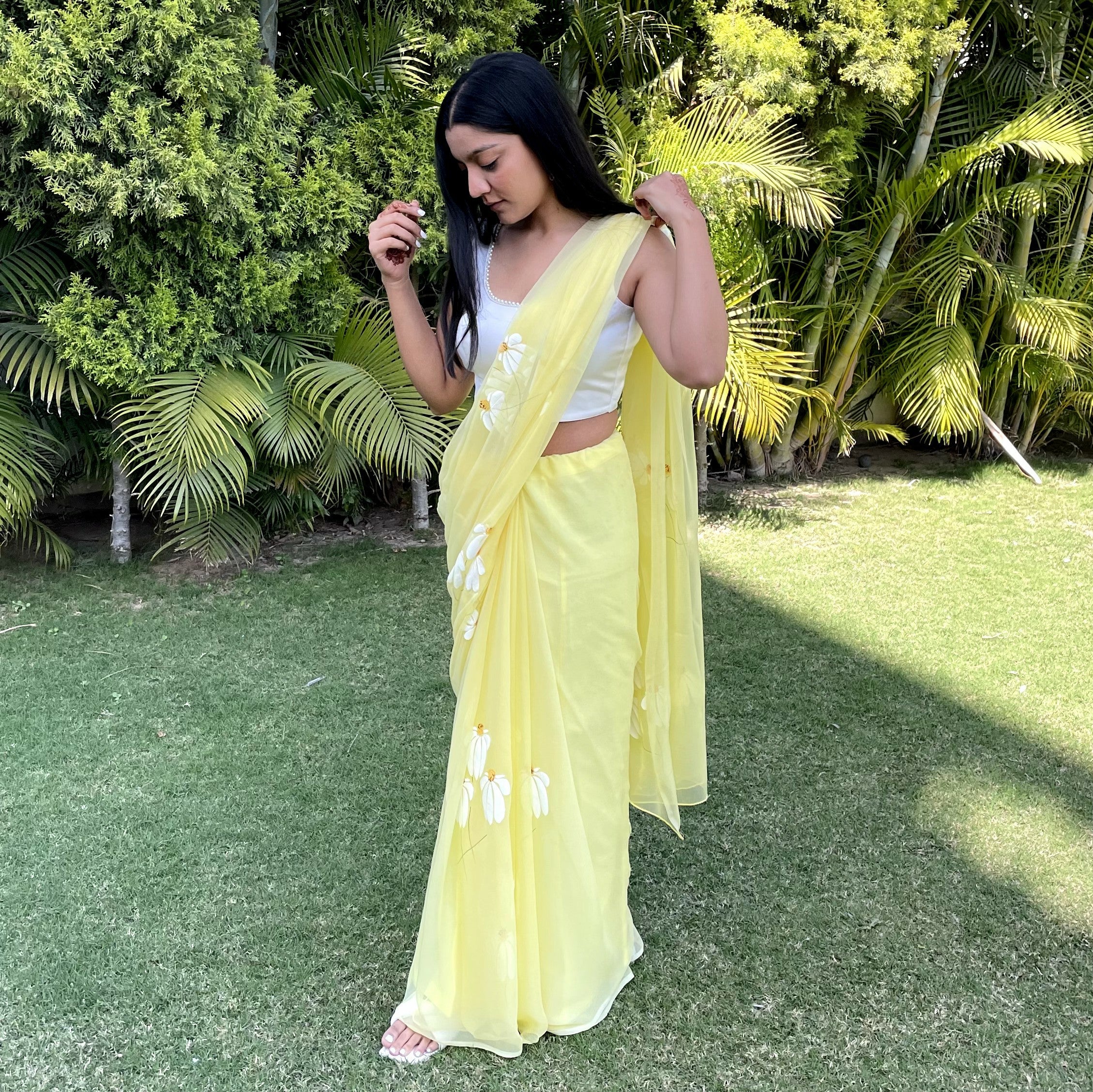 Half-Daisies Chiffon Saree In Yellow