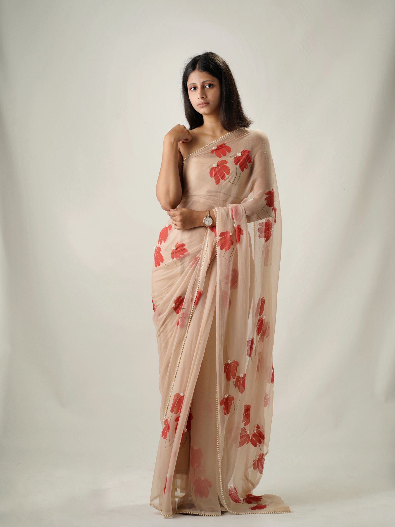 Half-Daisies Chiffon Saree In Cheeku Base