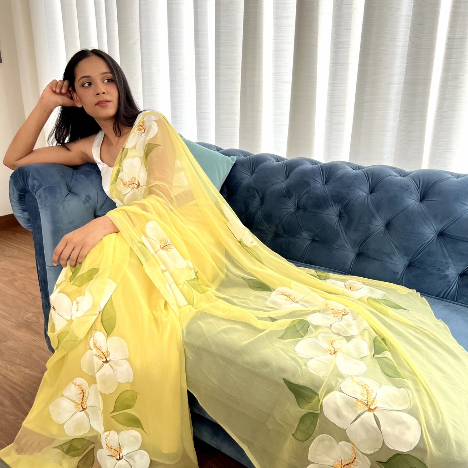 Hibiscus Chiffon Saree In Yellow Base