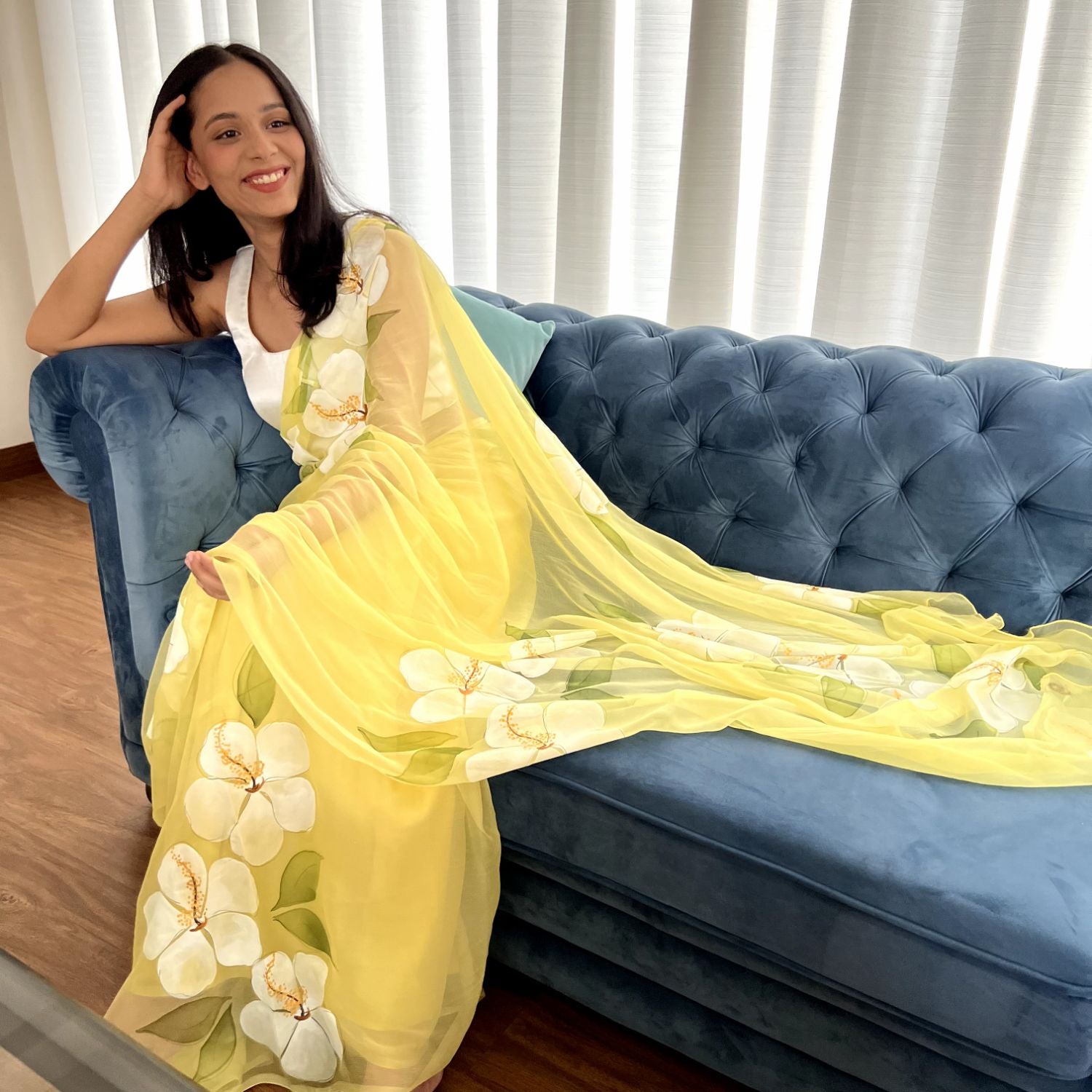 Hibiscus Chiffon Saree In Yellow Base