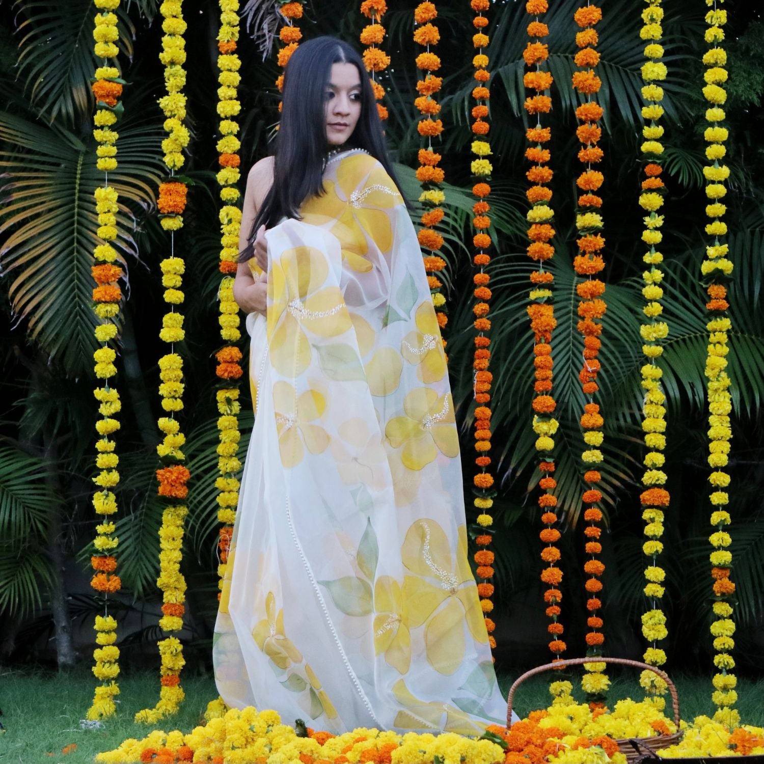 Hibiscus Saree In Off White