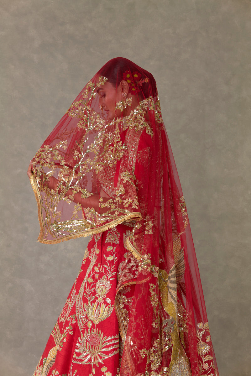 Red 'Bagh-E-Bahar' Lehenga Set