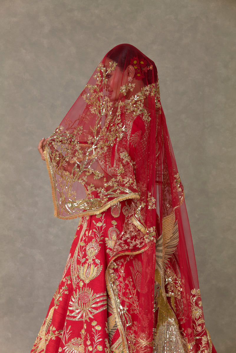 Red 'Bagh-E-Bahar' Lehenga Set