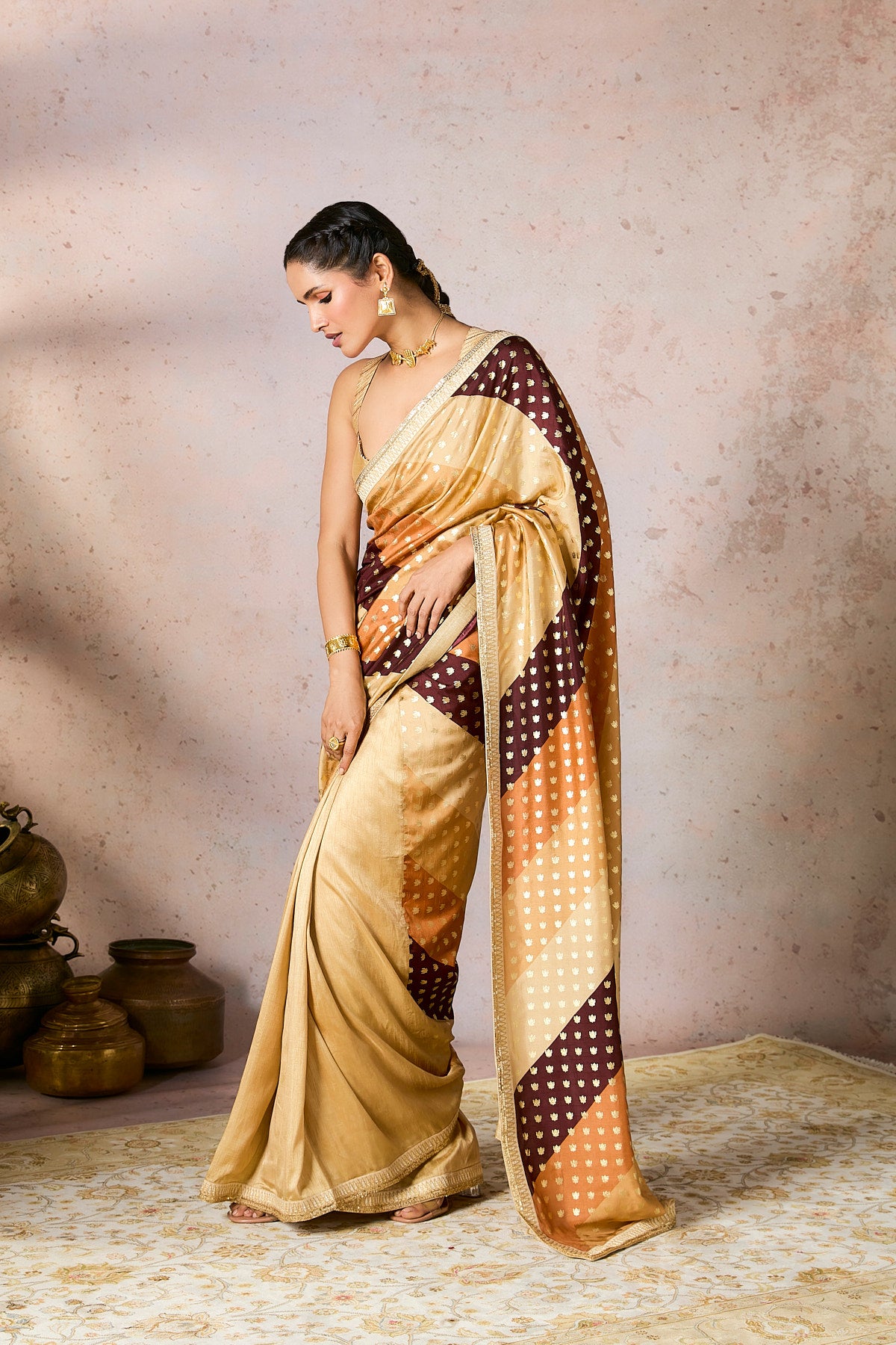 Beige Stripe Foil Saree