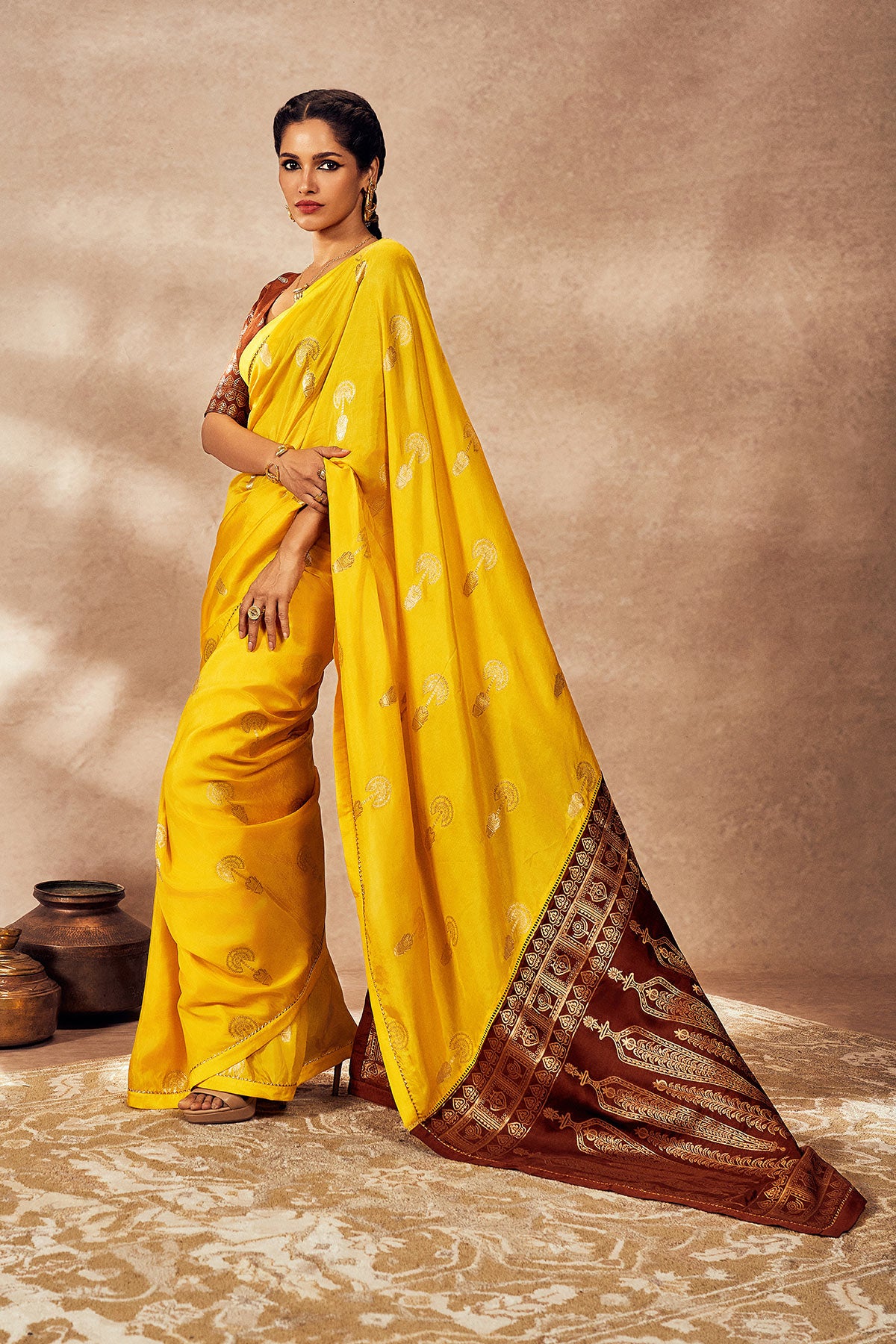 Brown And Yellow Jacquard Saree