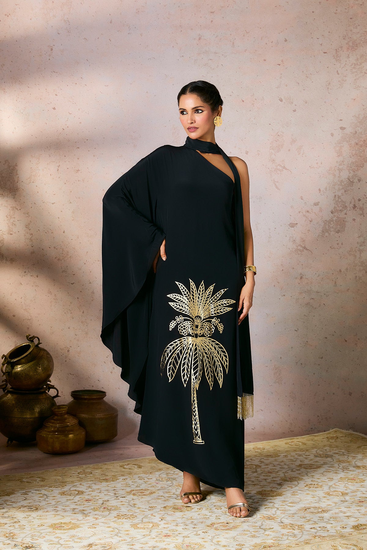 Black Tropical One Shoulder Kaftan