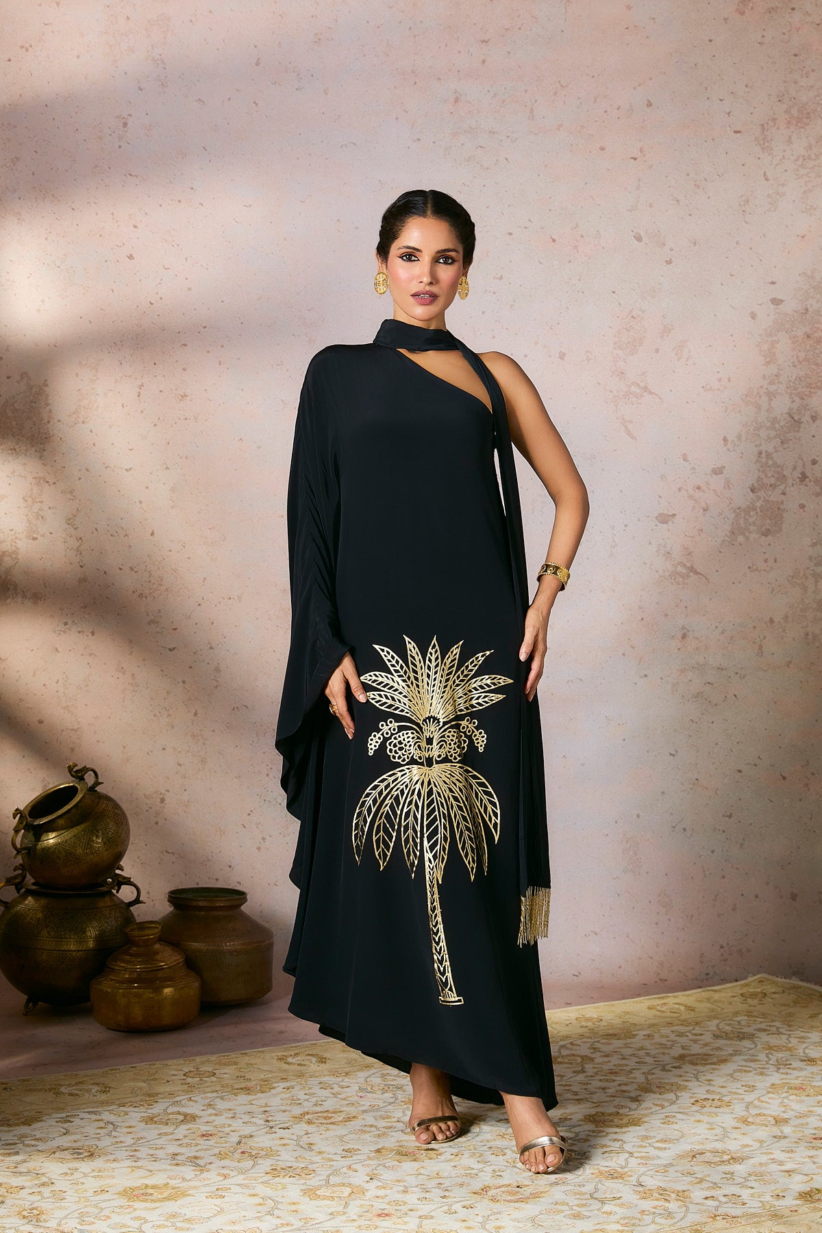 Black Tropical One Shoulder Kaftan